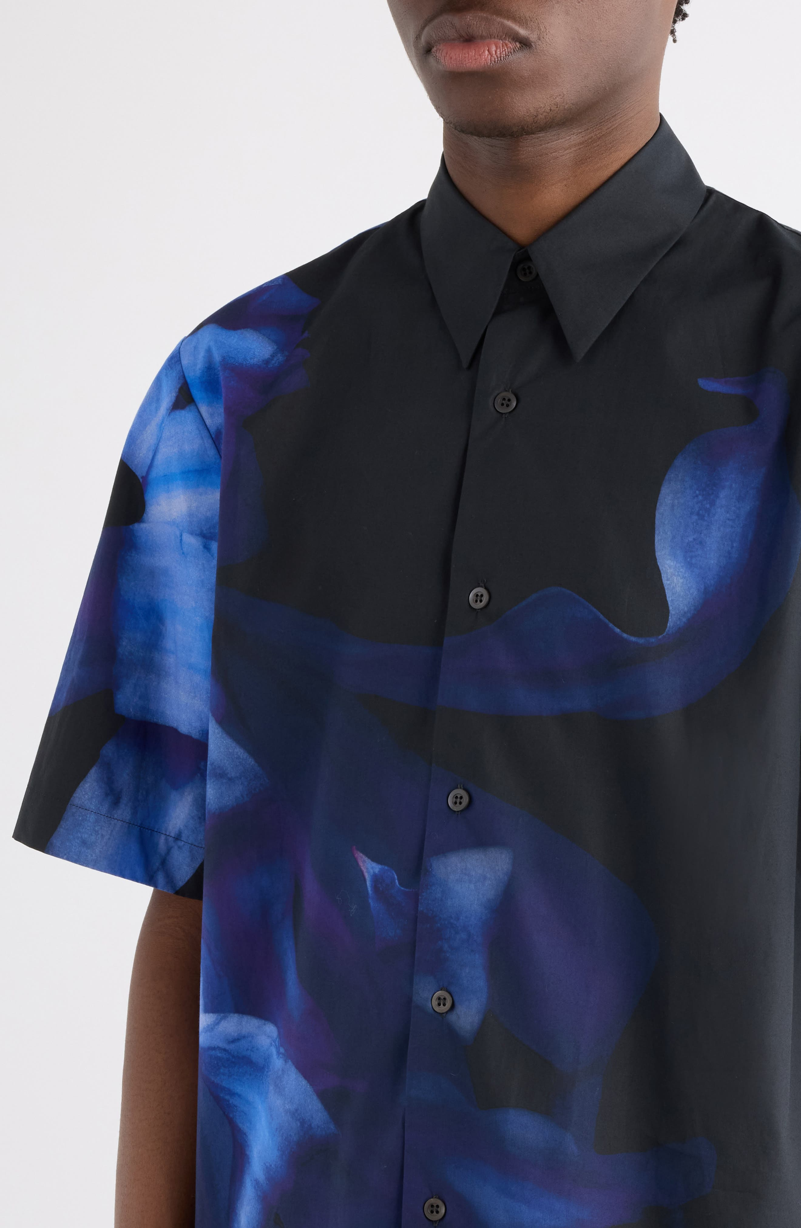 Dries Van Noten Clasen Floral Cotton Poplin Sleeve Silk Button-Up Shirt in Black at Nordstrom - 5