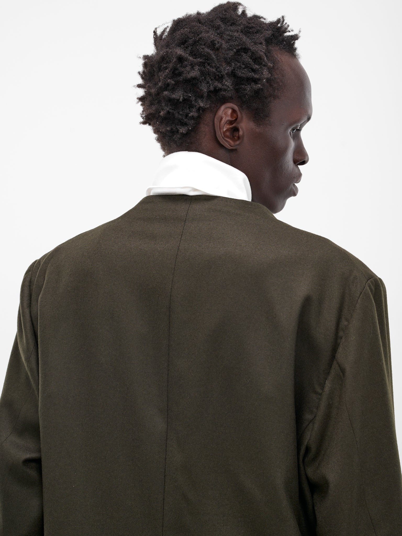 Dark Olive Lapelless Wool Blazer - 5