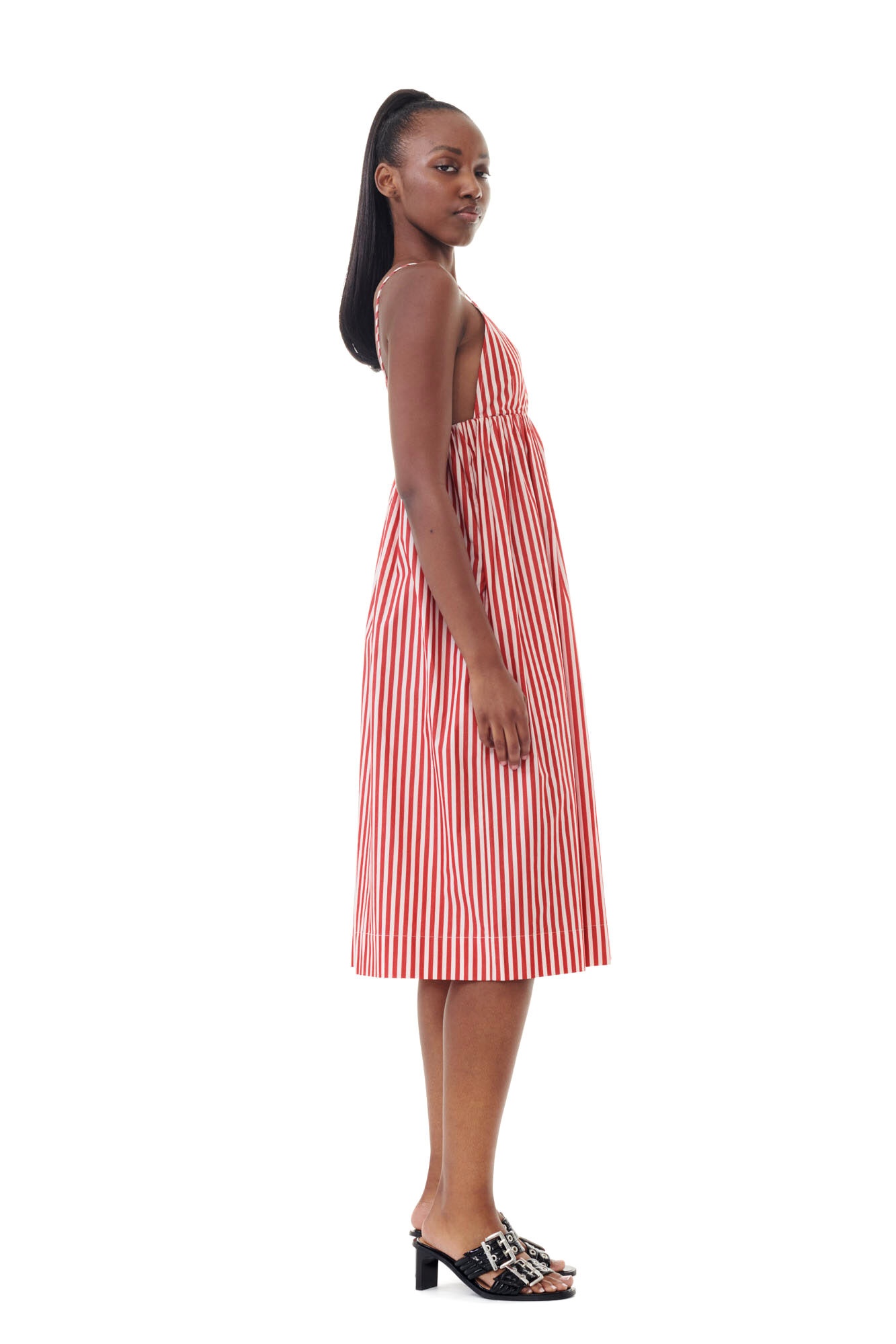 RED STRIPE COTTON STRAP MIDI DRESS - 5