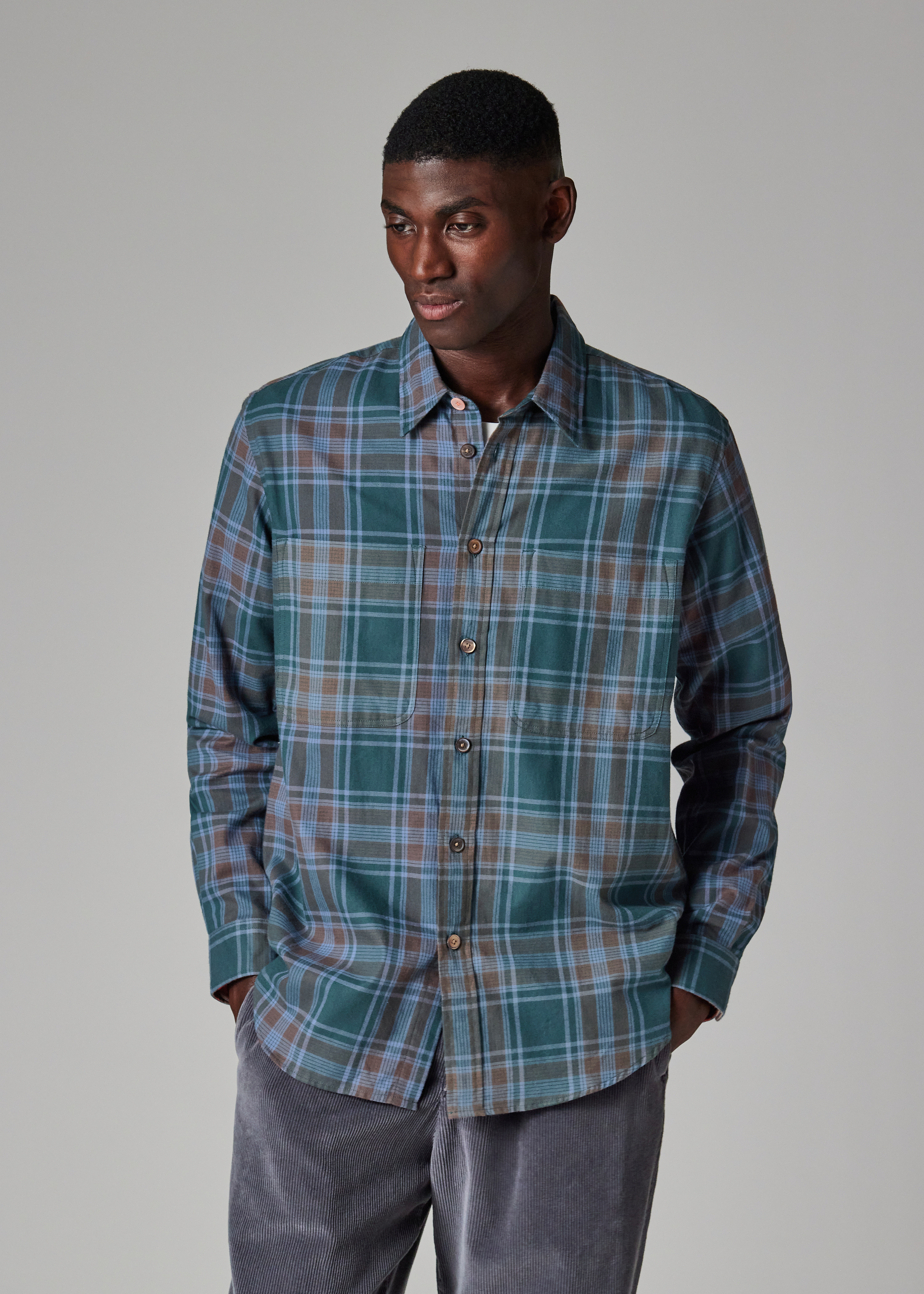 Green and Blue Cotton-Flannel Check Shirt - 3