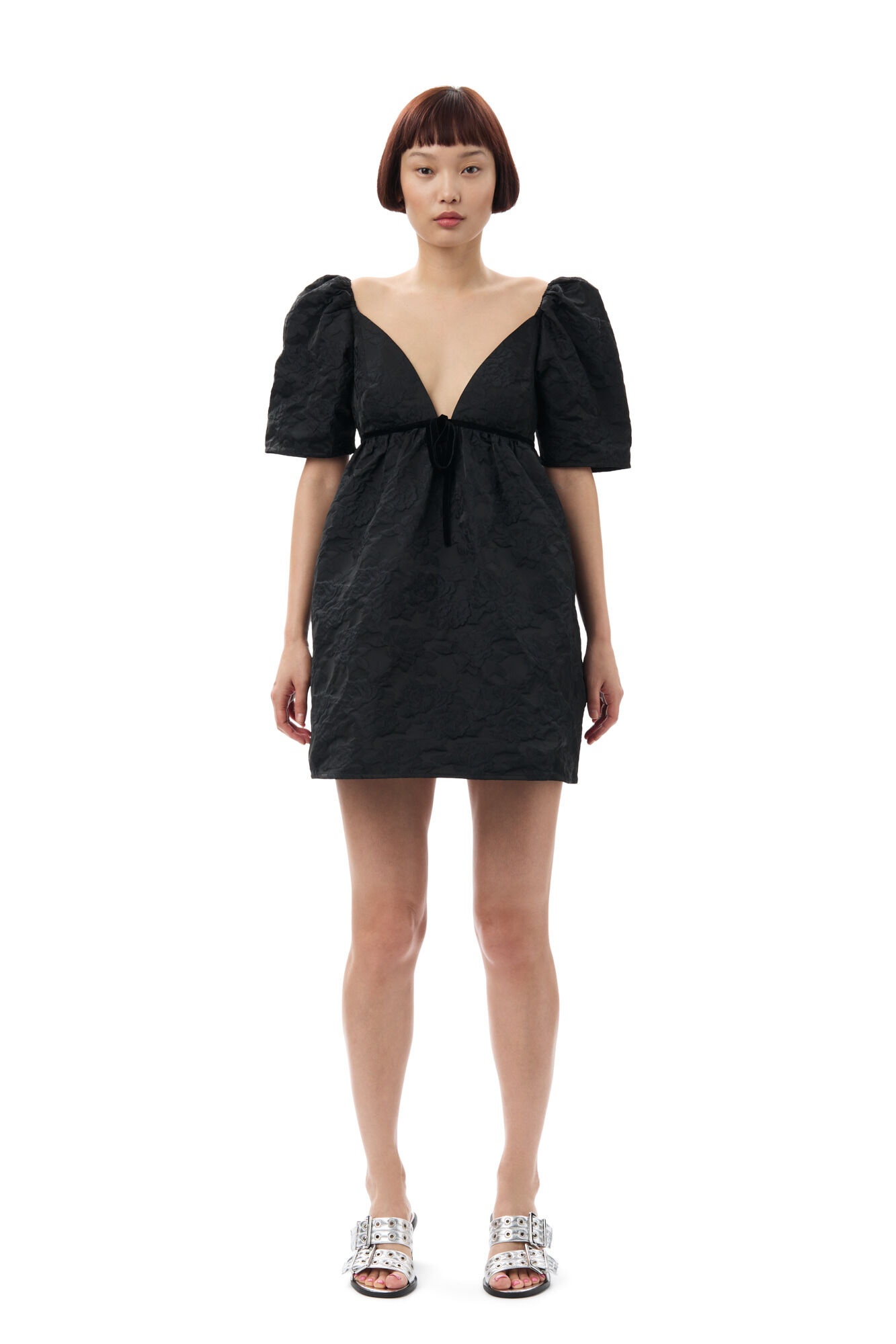 BLACK BOTANICAL JACQUARD MINI DRESS - 2