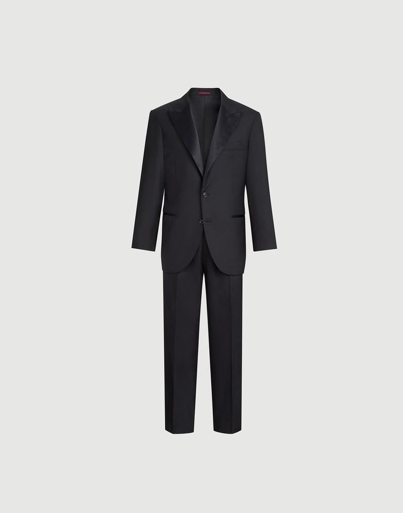Lightweight virgin wool and silk twill tuxedo with peak lapel jacket and and trousers with pleat 1