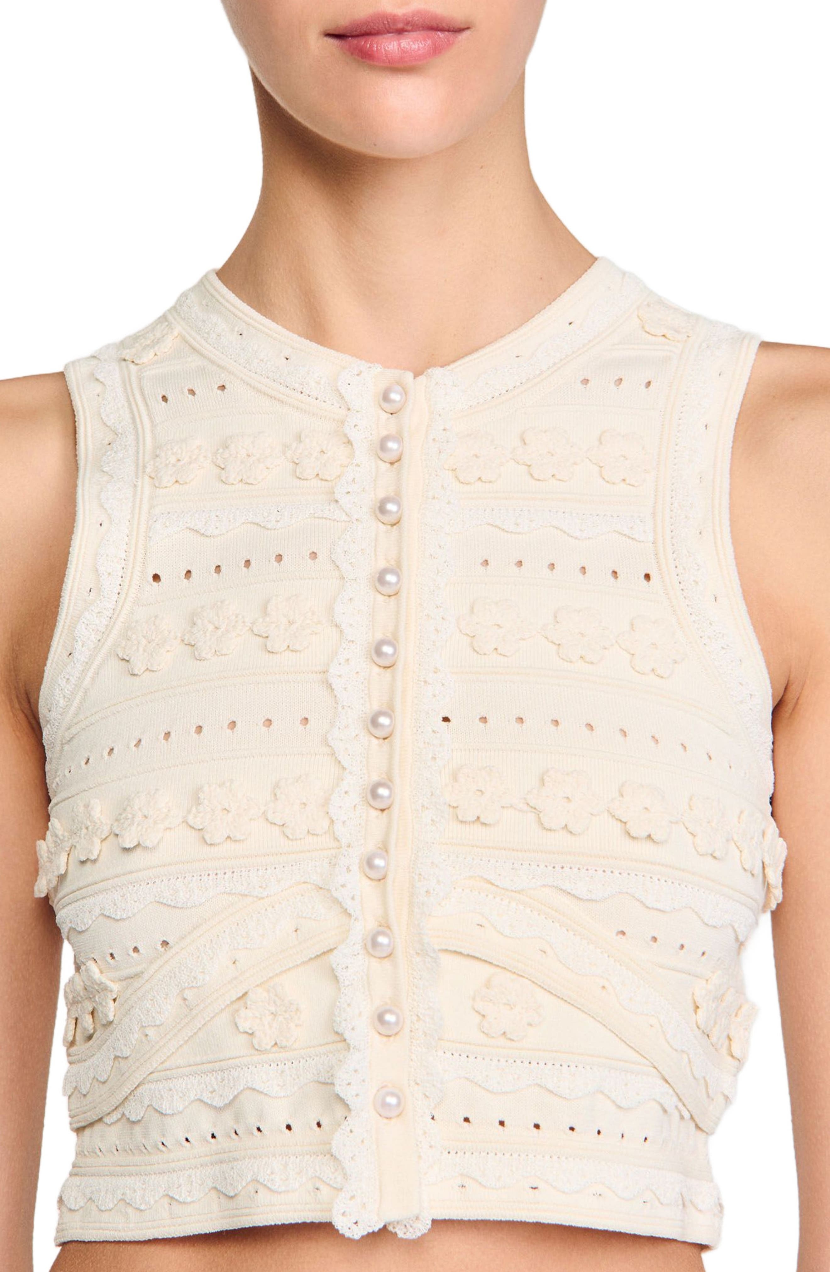 SANDRO Crochet detail sweater in Ecru at Nordstrom - 4
