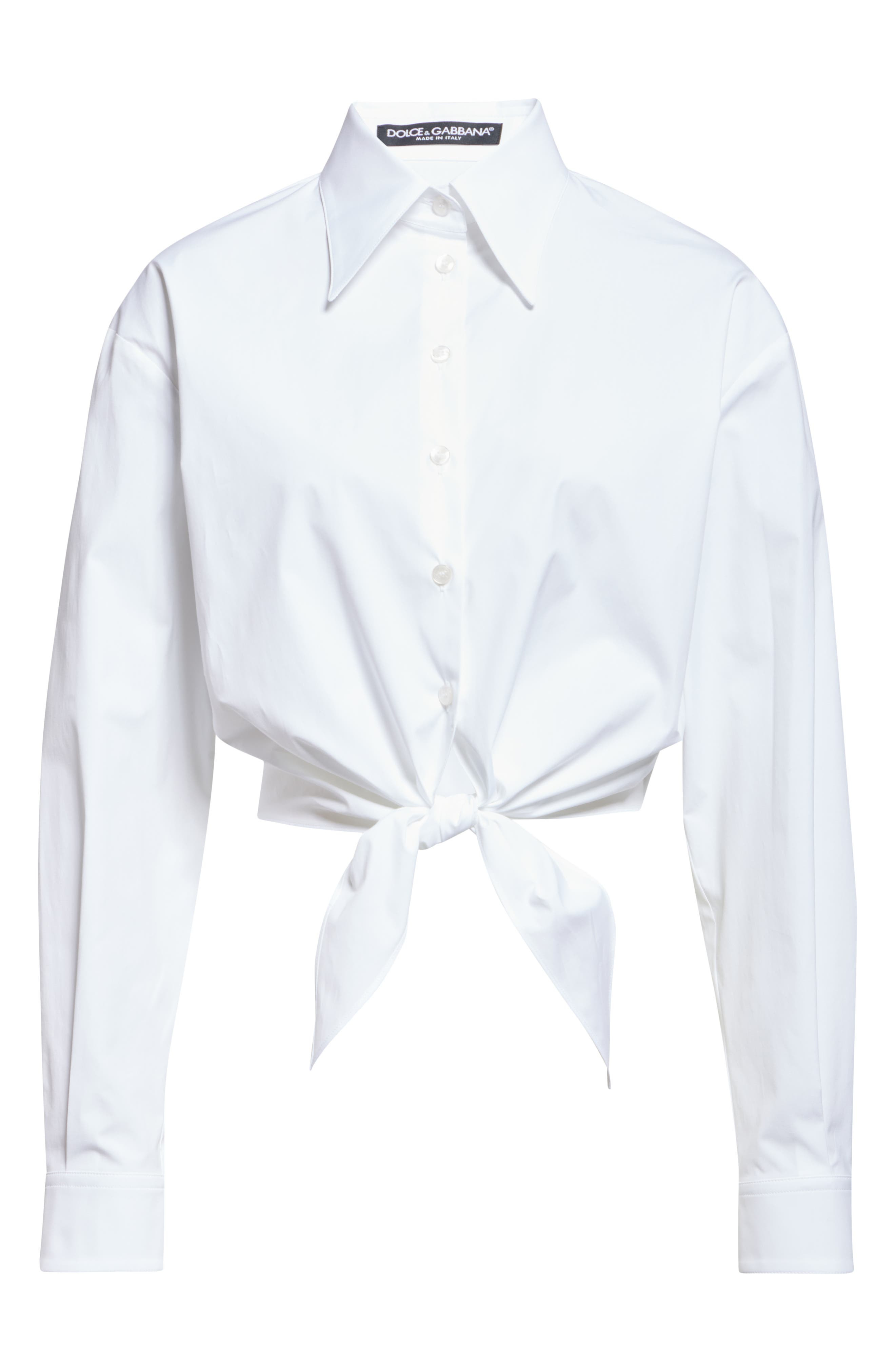Dolce&Gabbana Tie Font Stretch Poplin Crop Button-Up Shirt in W0800 Bianco Ottico at Nordstrom - 6
