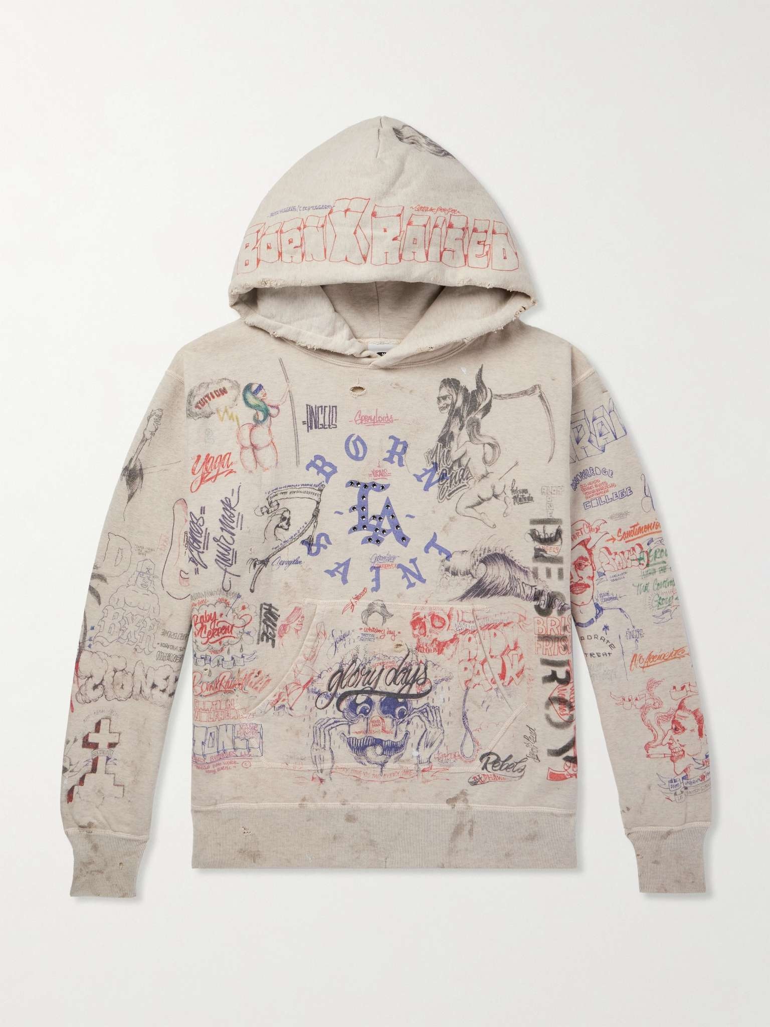 + Born X Raised Distressed Crystal-Embellished Printed Cotton-Jersey Hoodie - 1