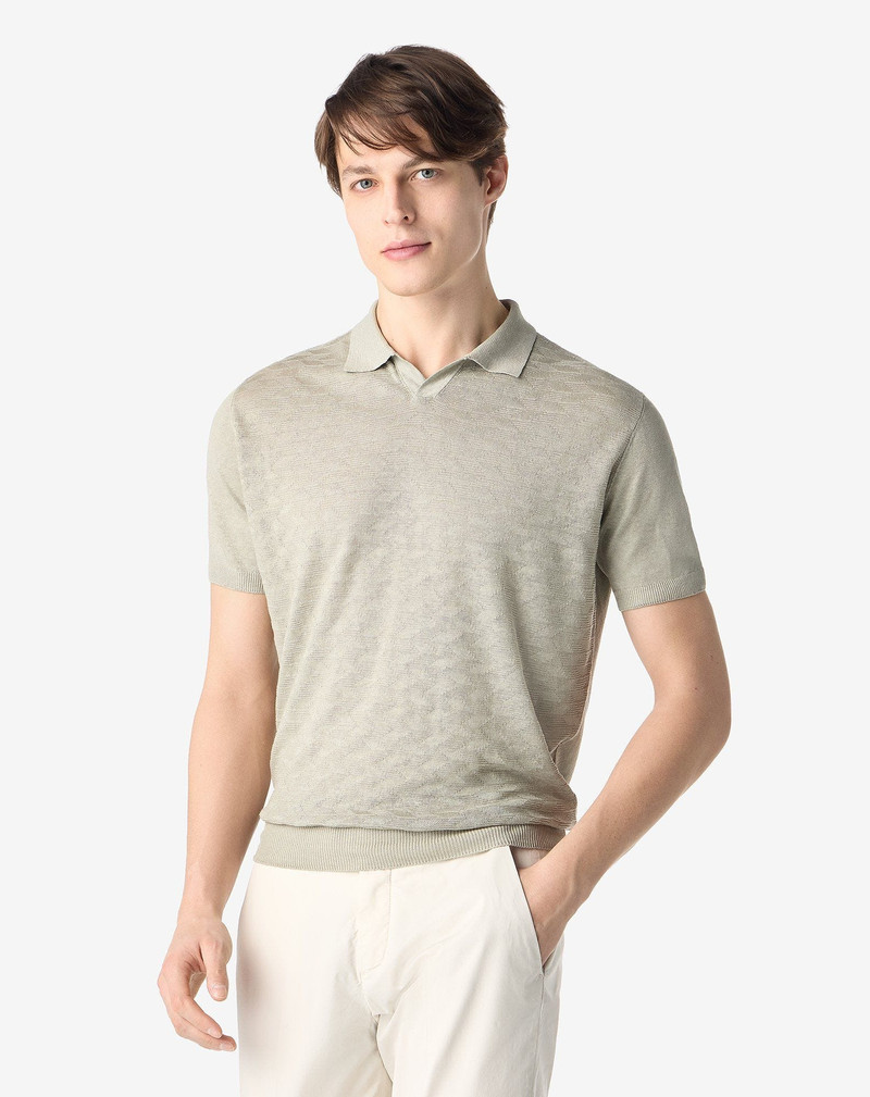 CORNELIANI Medium beige buttonless linen polo shirt outlook