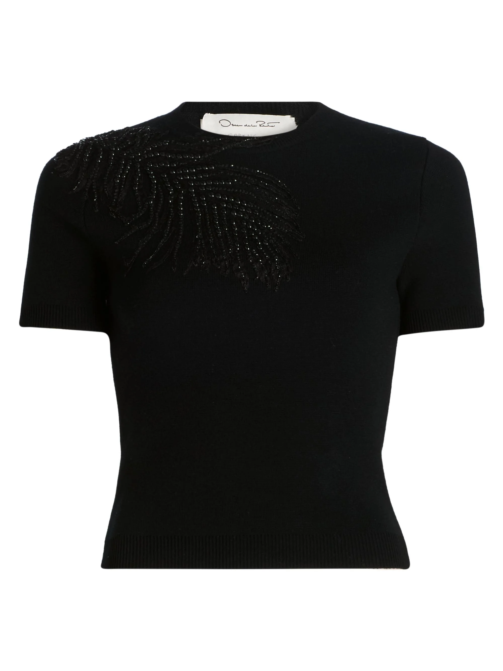 Women's Beaded Feather-Embroidered Short-Sleeve Sweater - Black - 1