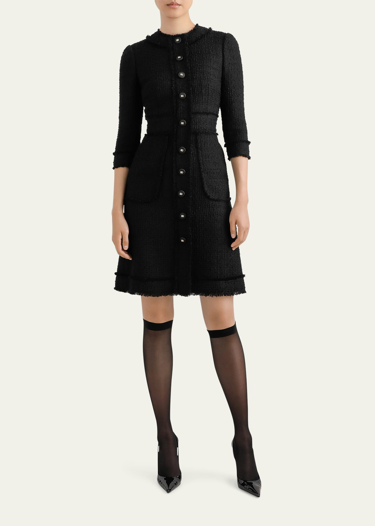 Button-Front 3/4-Sleeve Tweed Dress - 2