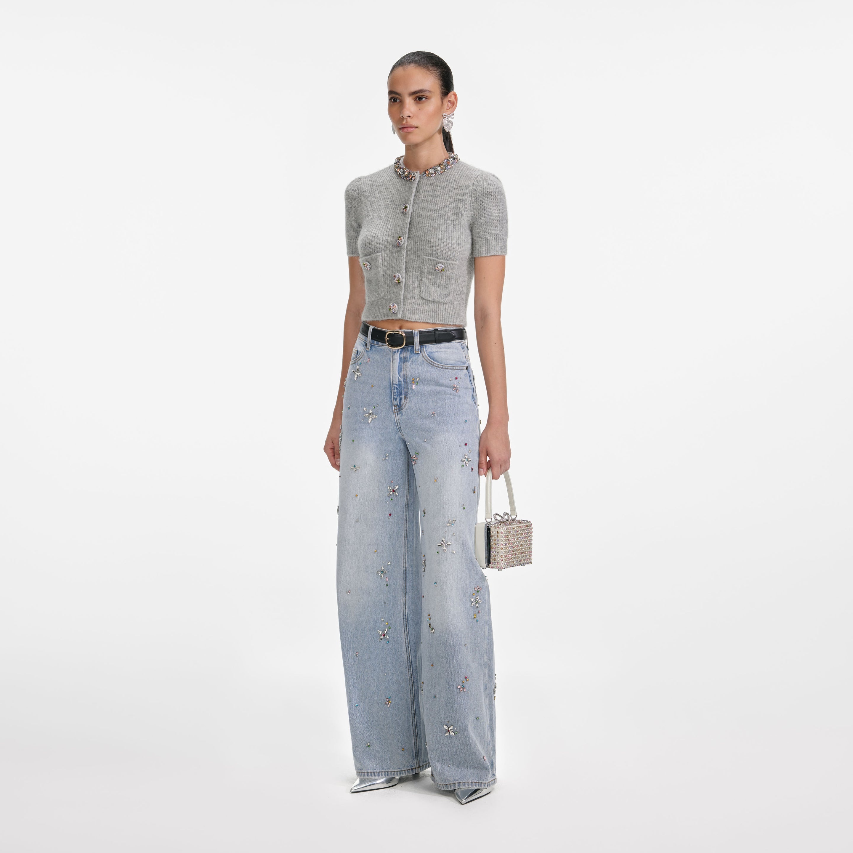Grey Embellished Trim Knit Top - 2