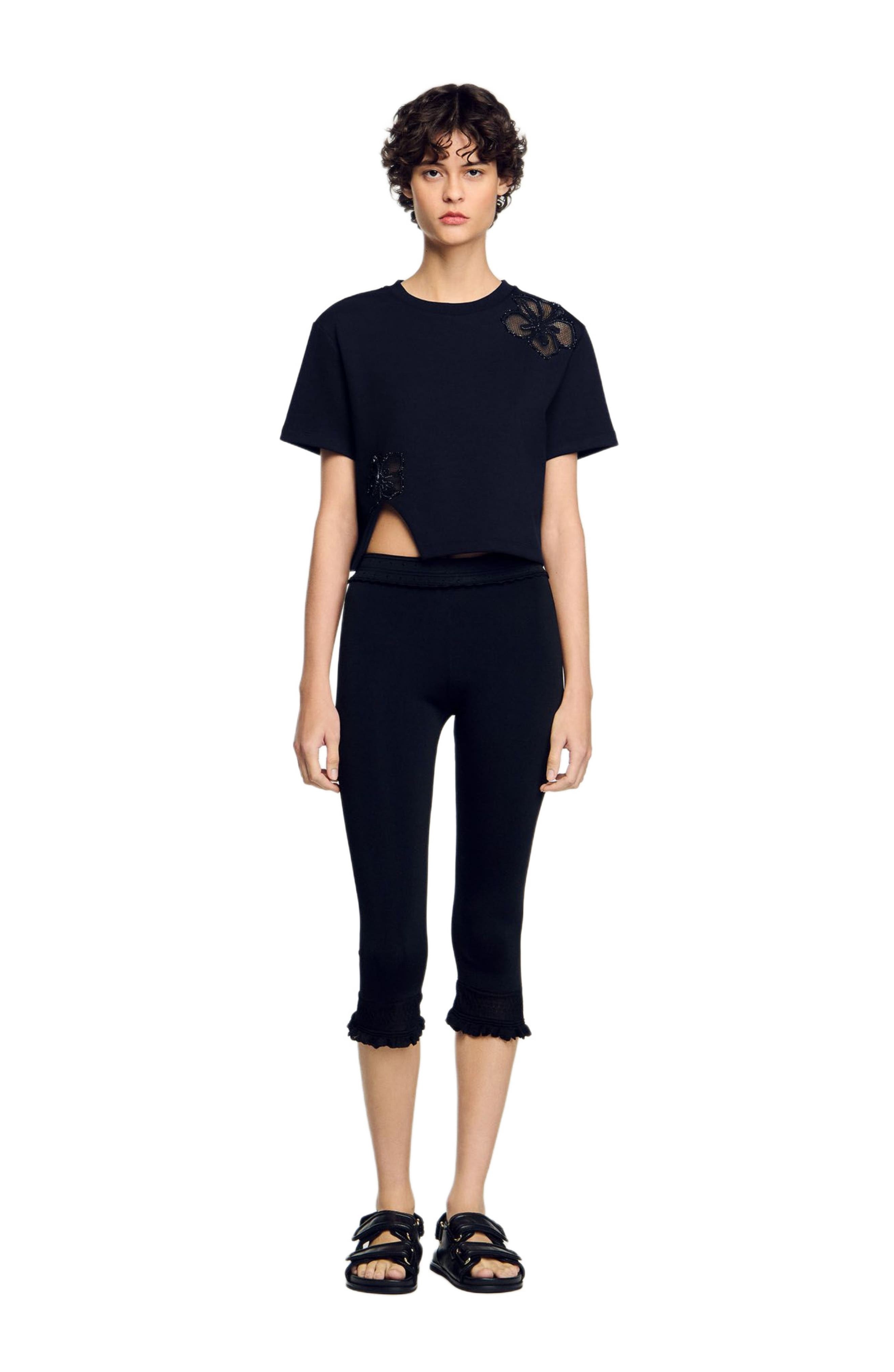 SANDRO Floral embroidery T-shirt in Black at Nordstrom - 1