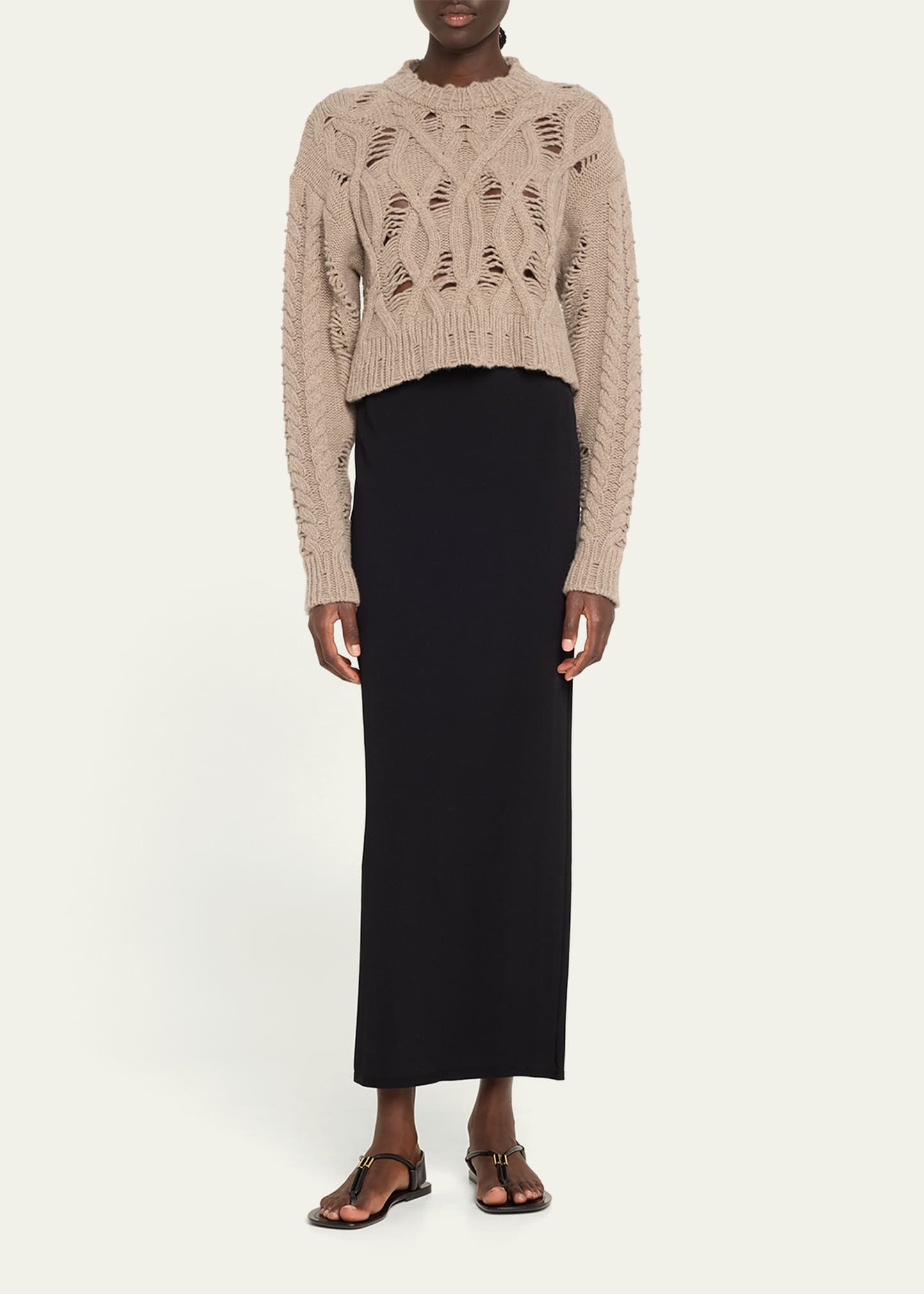 Distress Crop Cable Wool Cashmere Sweater - 2