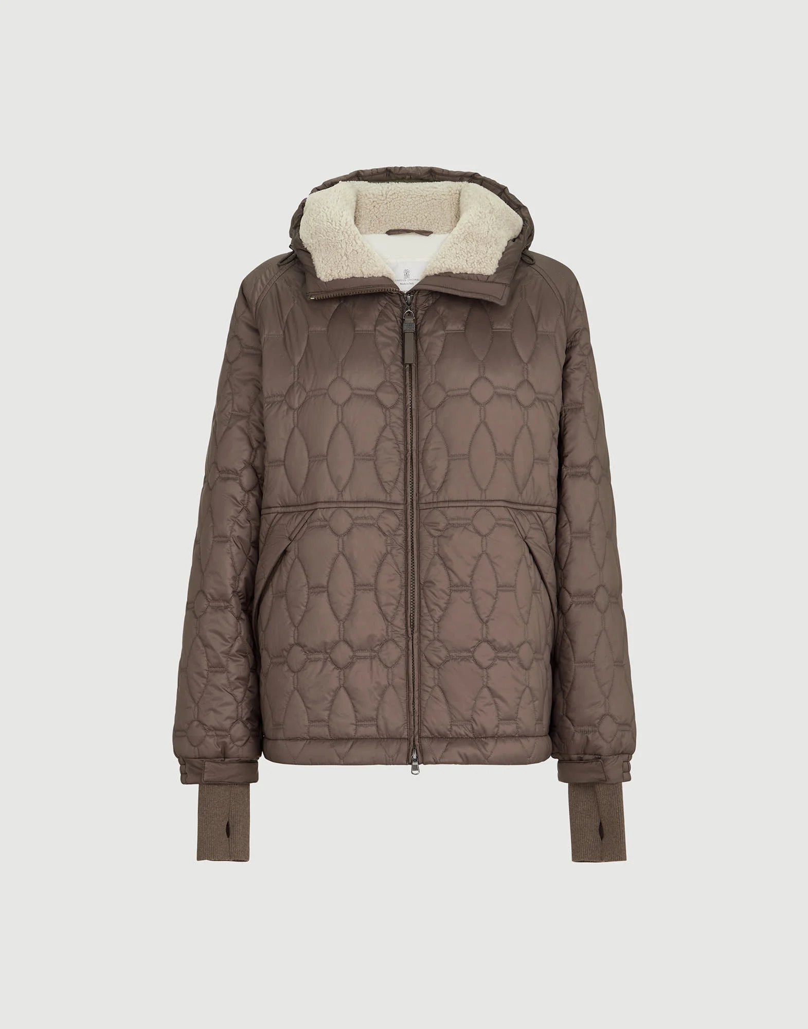 Water-resistant matte nylon outerwear jacket with Thermore® padding, shearling and shiny zipper pull - 1