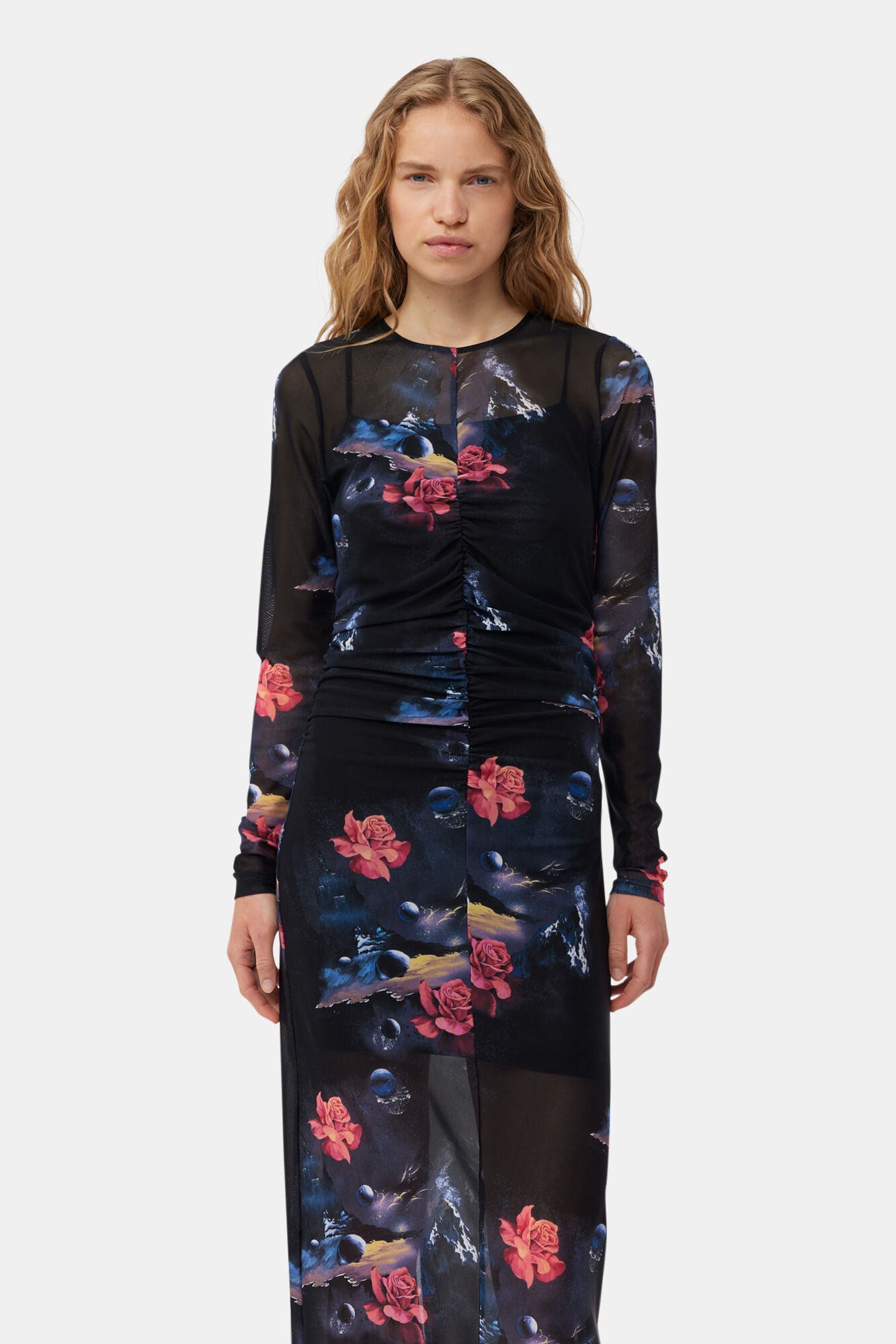 PRINTED MESH O-NECK RUCHED LONG DRESS - 5