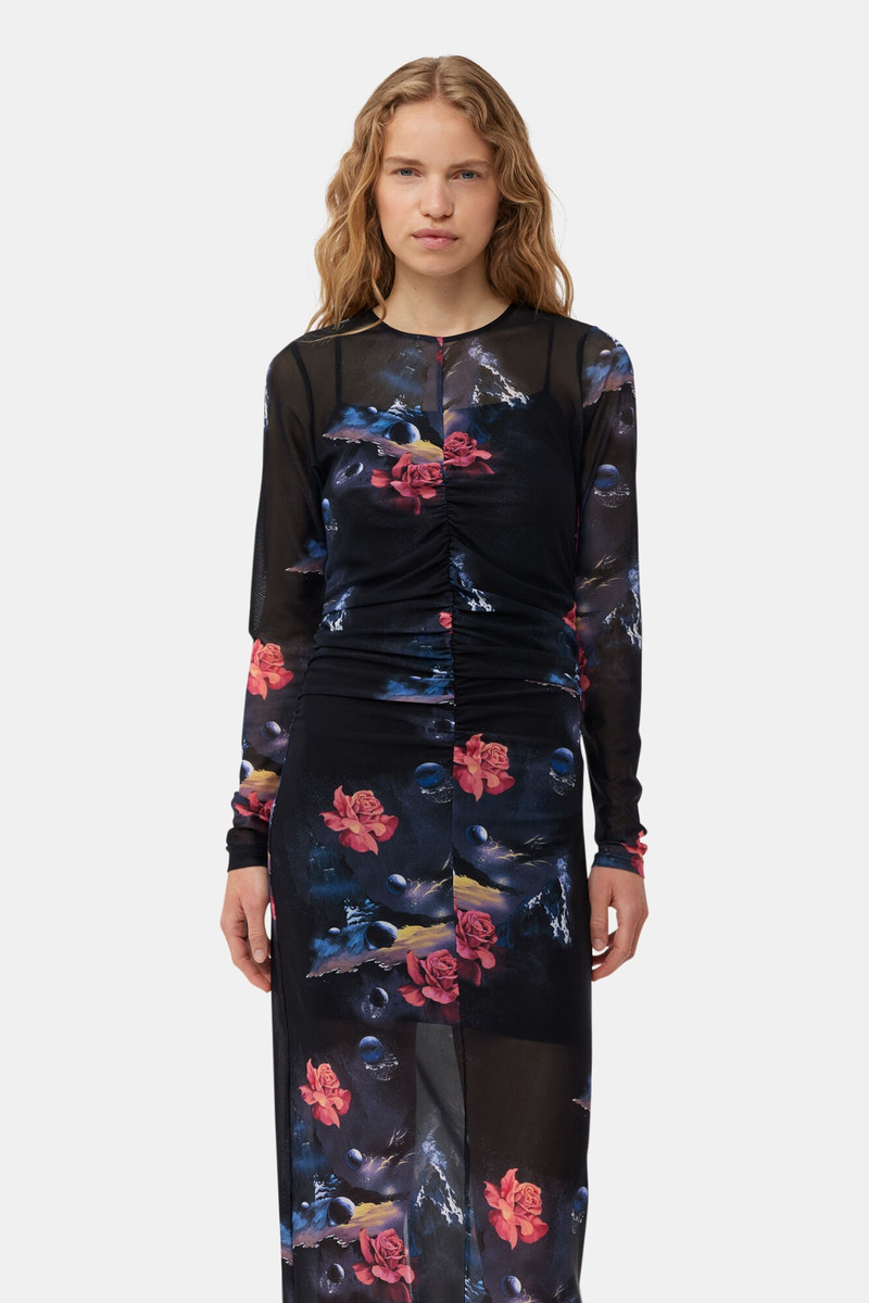 PRINTED MESH O-NECK RUCHED LONG DRESS 5