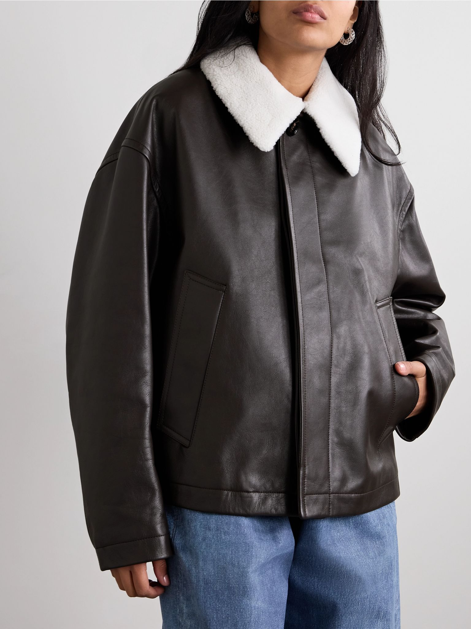 Shearling-trimmed leather jacket Dark brown - 3