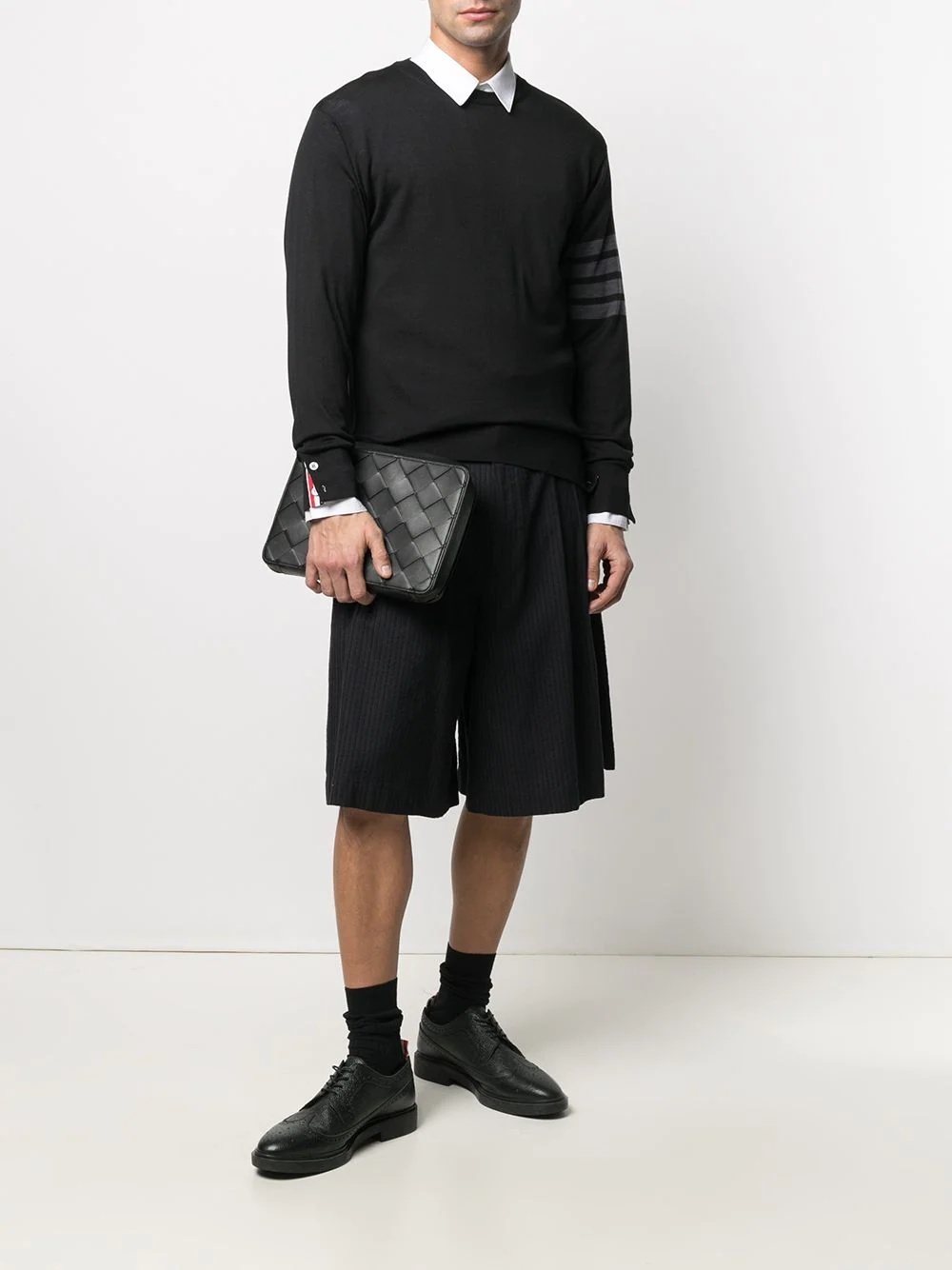 Black Fine Merino Wool 4-Bar Classic Crewneck Pullover - 2