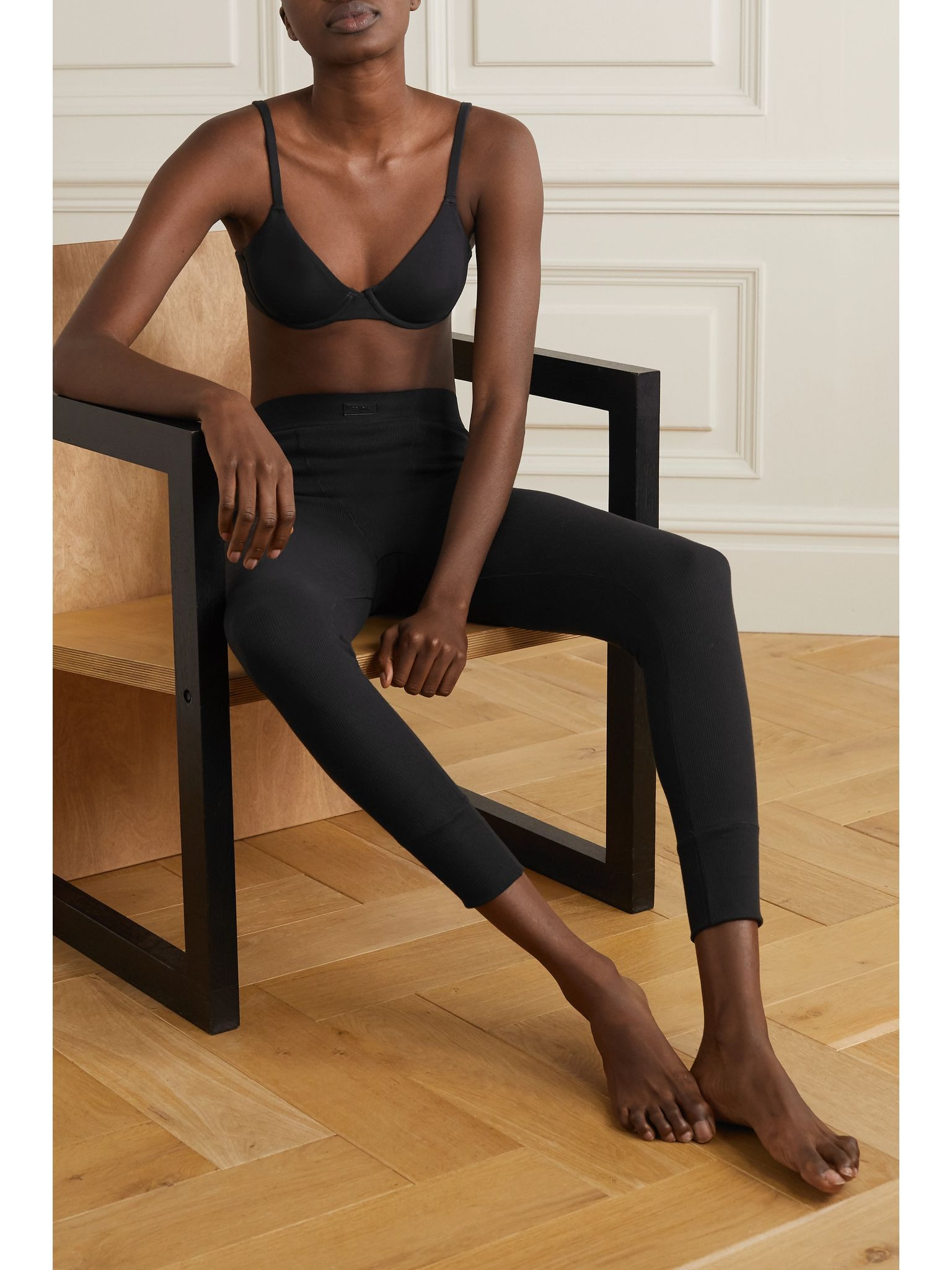 Thermal ribbed cotton-blend leggings - Soot Black - 6