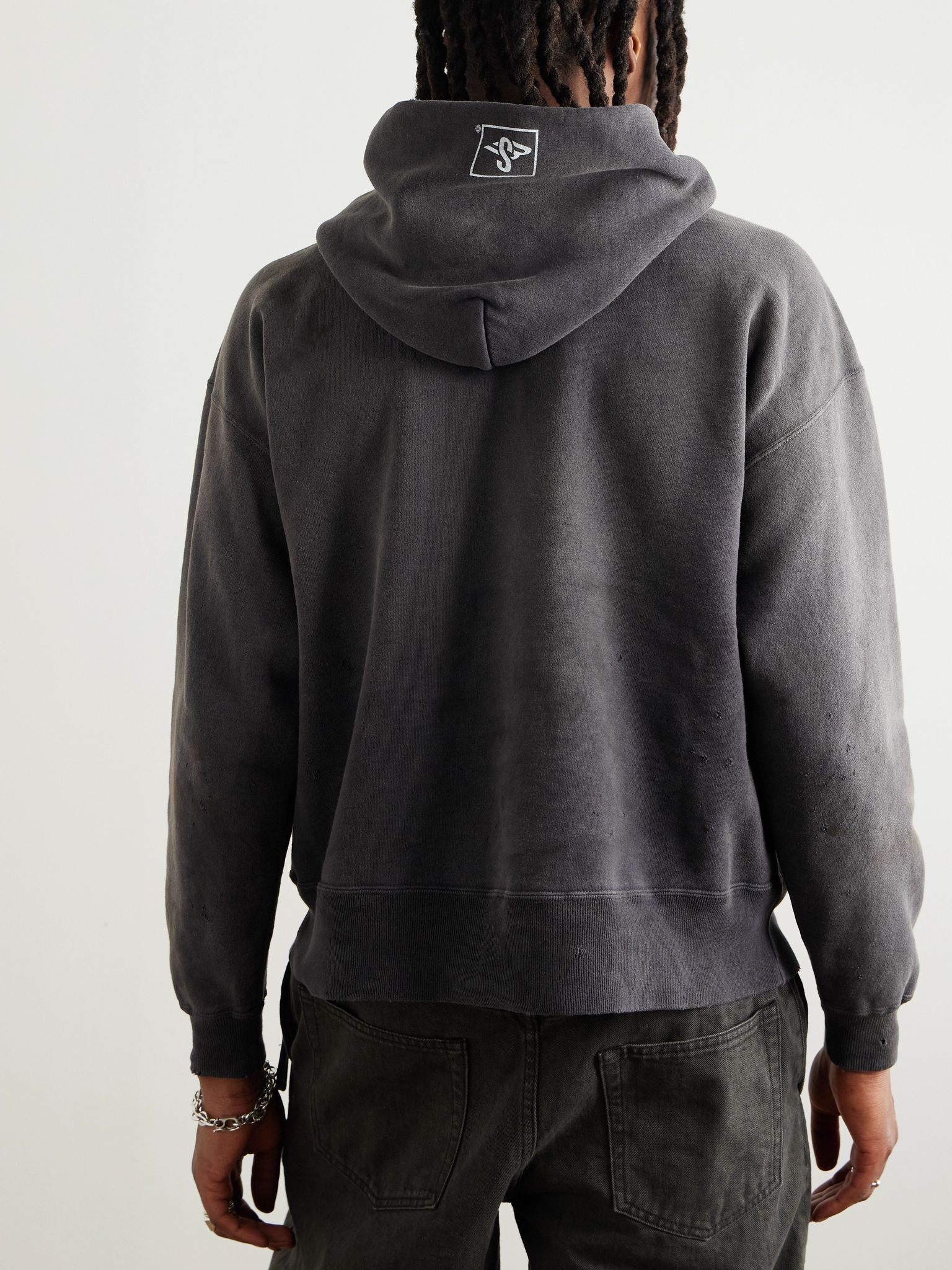 SMX6 Distressed Logo-Print Cotton-Jersey Hoodie Black - 3