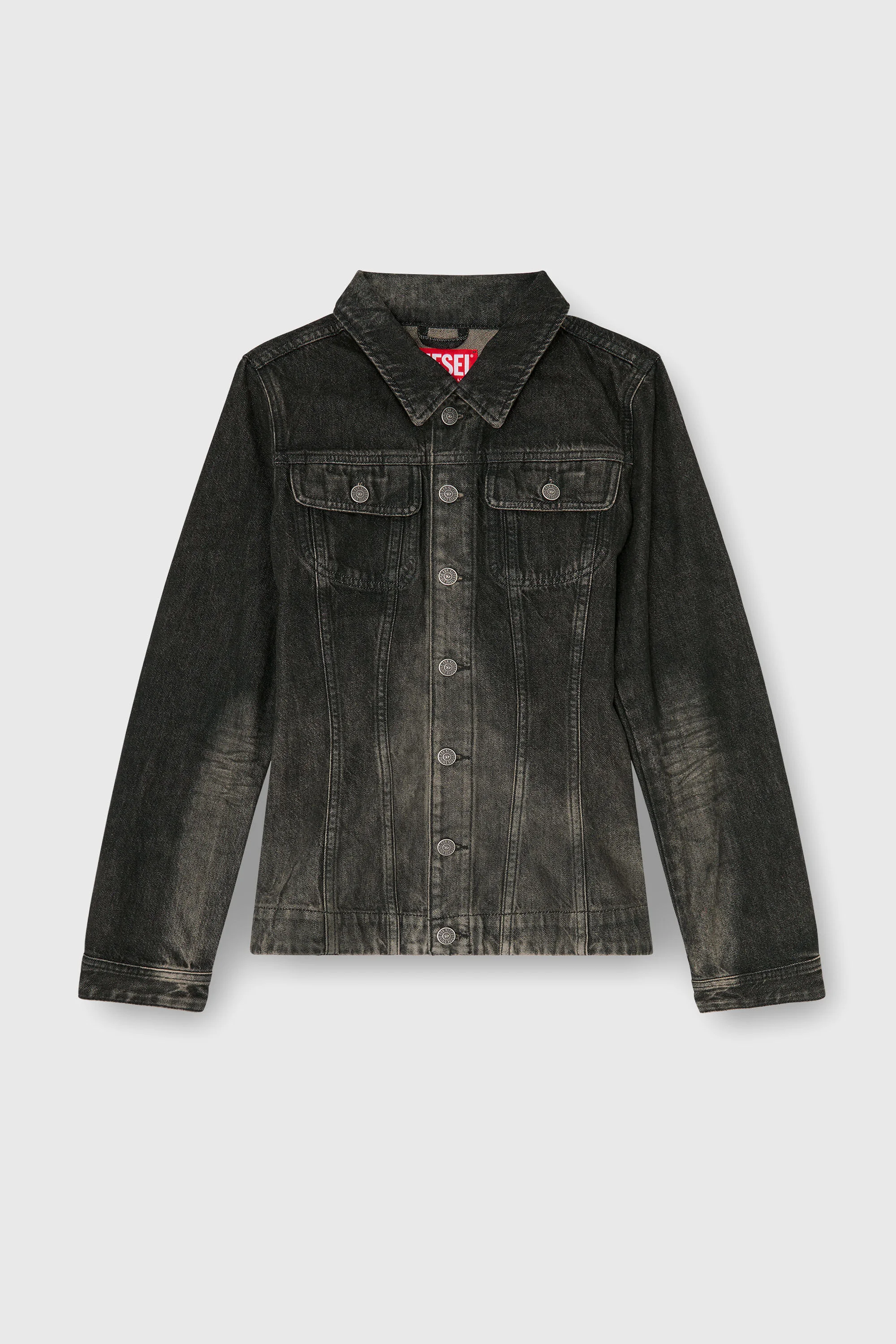 FITTED TRUCKER JACKET IN DIRTY-EFFECT DENIM - 1