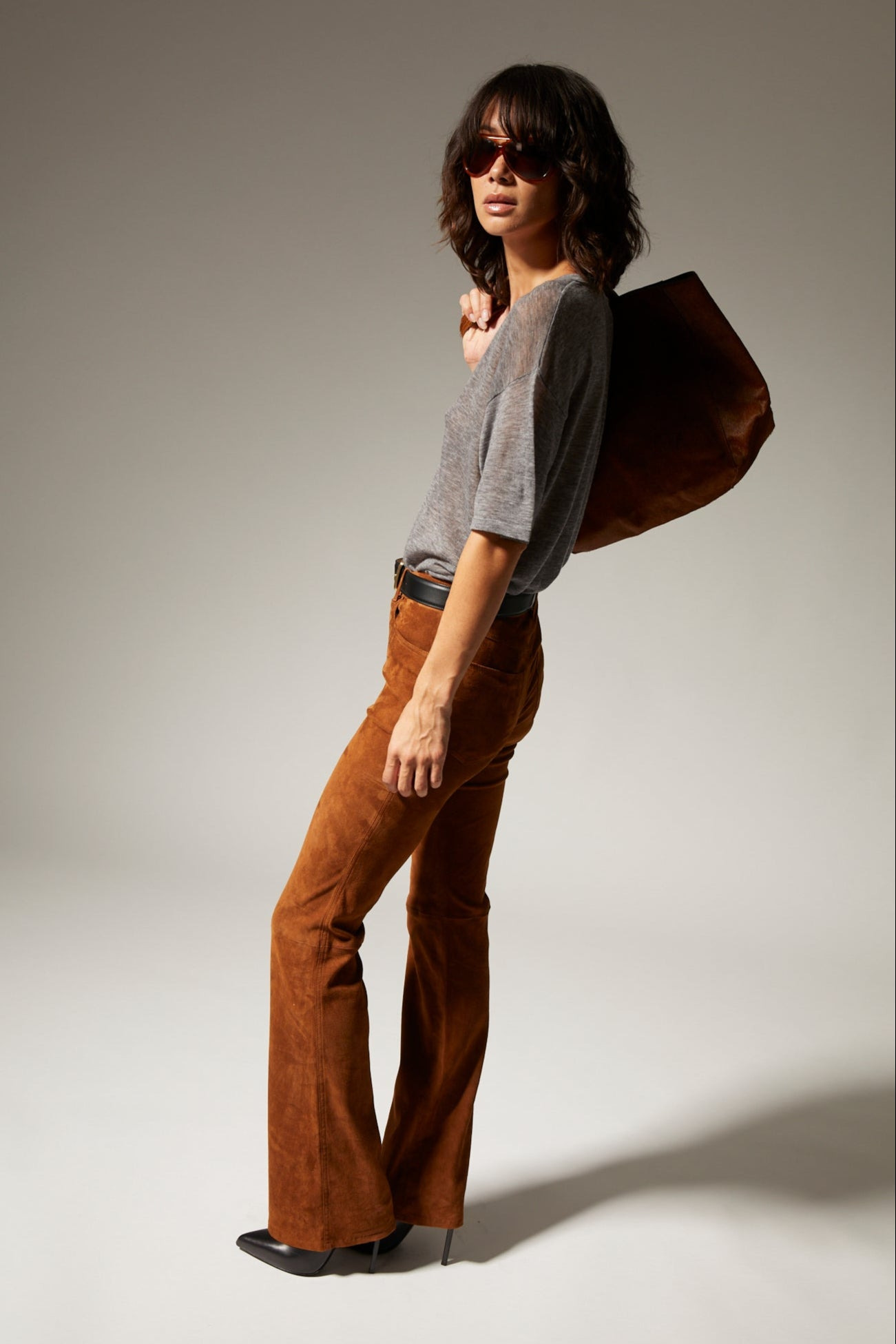 DARK COGNAC SUEDE 5 POCKET MICRO FLARE - 3