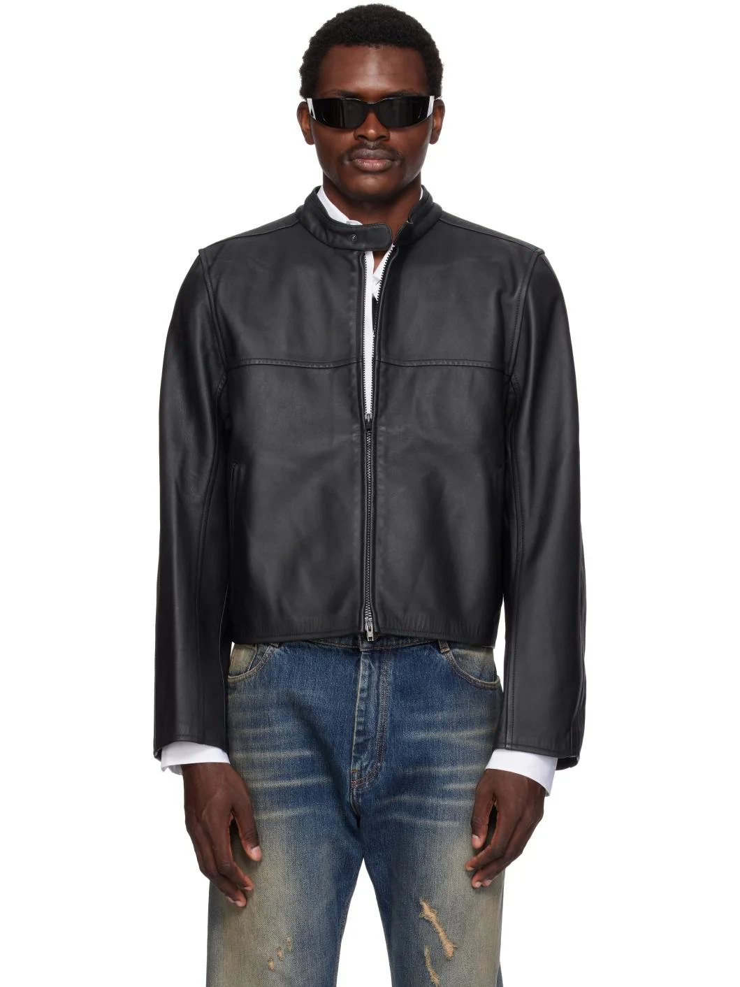 Black Boxy Moto Leather Jacket - 1