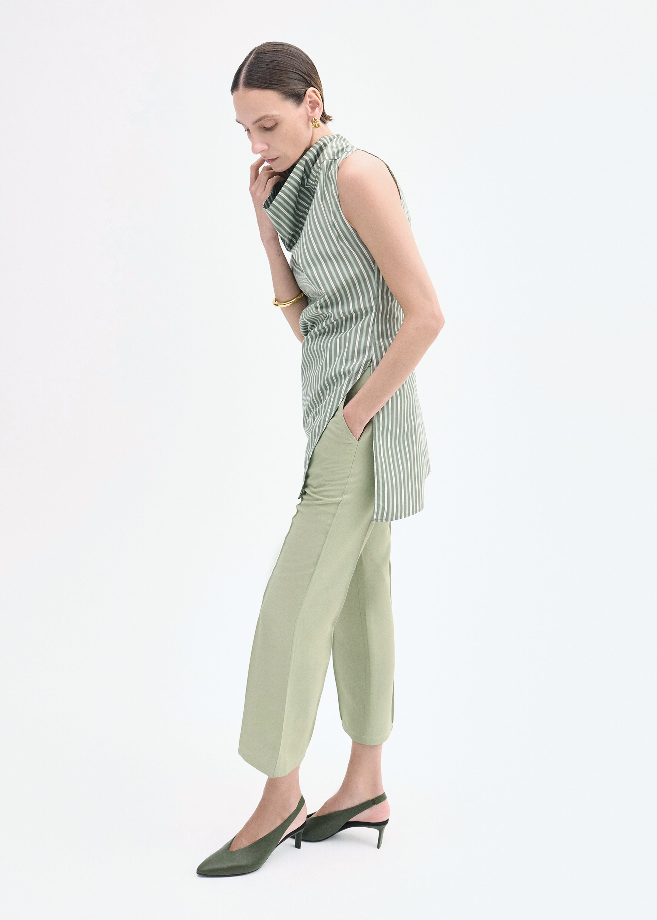 Sleeveless Cowl Neck Top in Striped Poplin - 3
