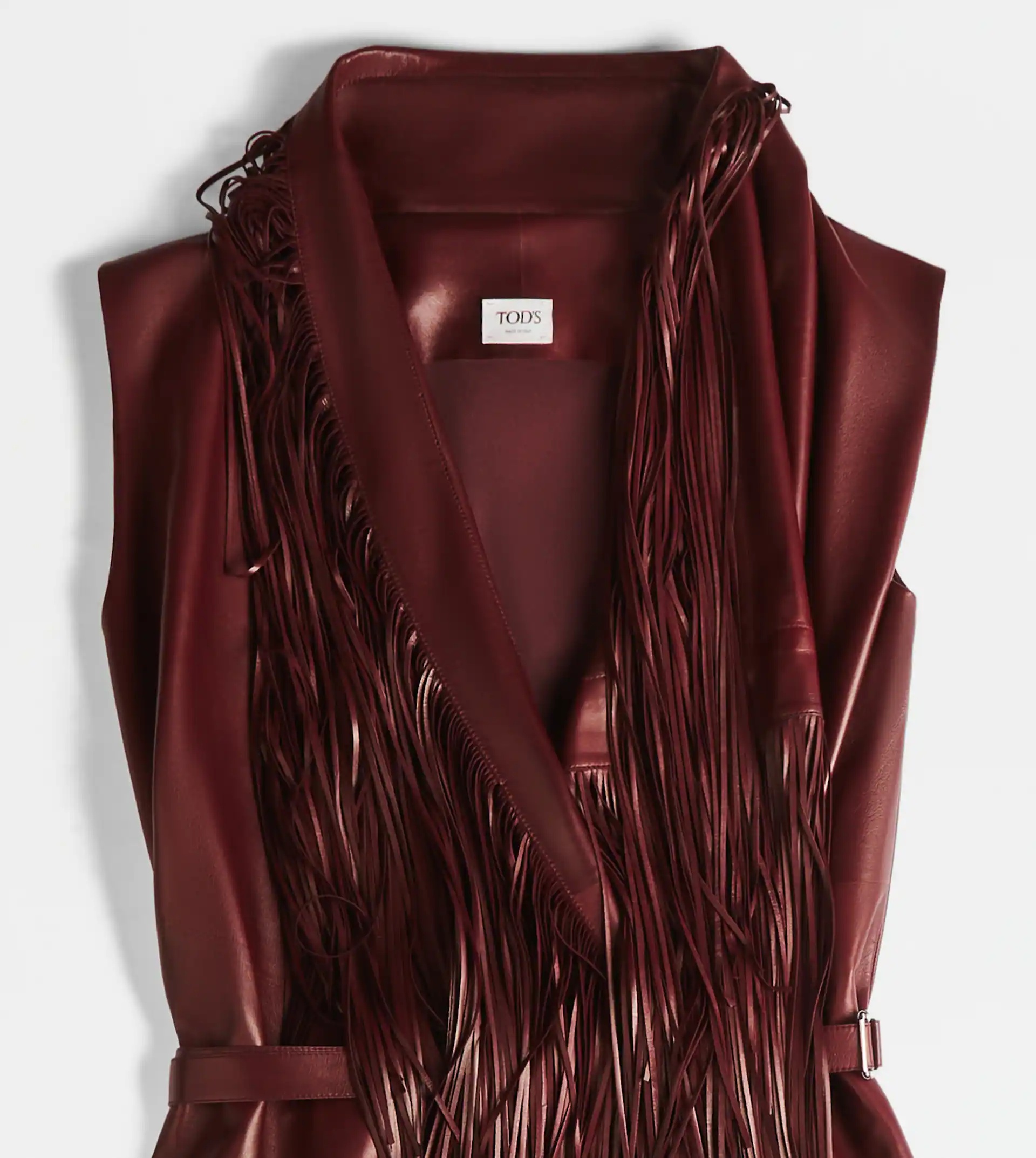 DRESS IN NAPPA LEATHER WITH FRINGES - BURGUNDY - 8