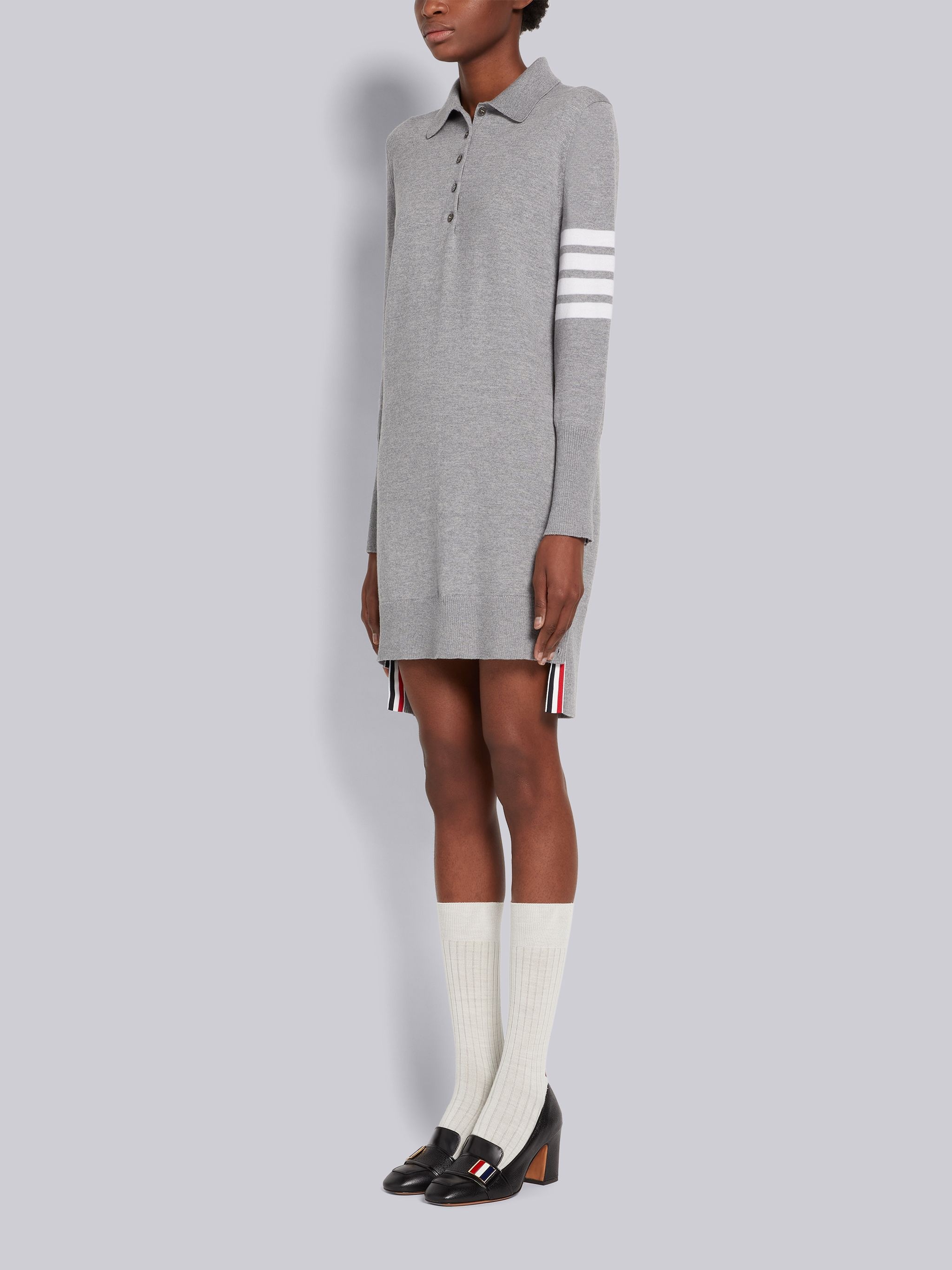 Light Grey Fine Merino Wool 4-Bar Mrs. Thom Intarsia Long Sleeve Mini Polo Dress - 2