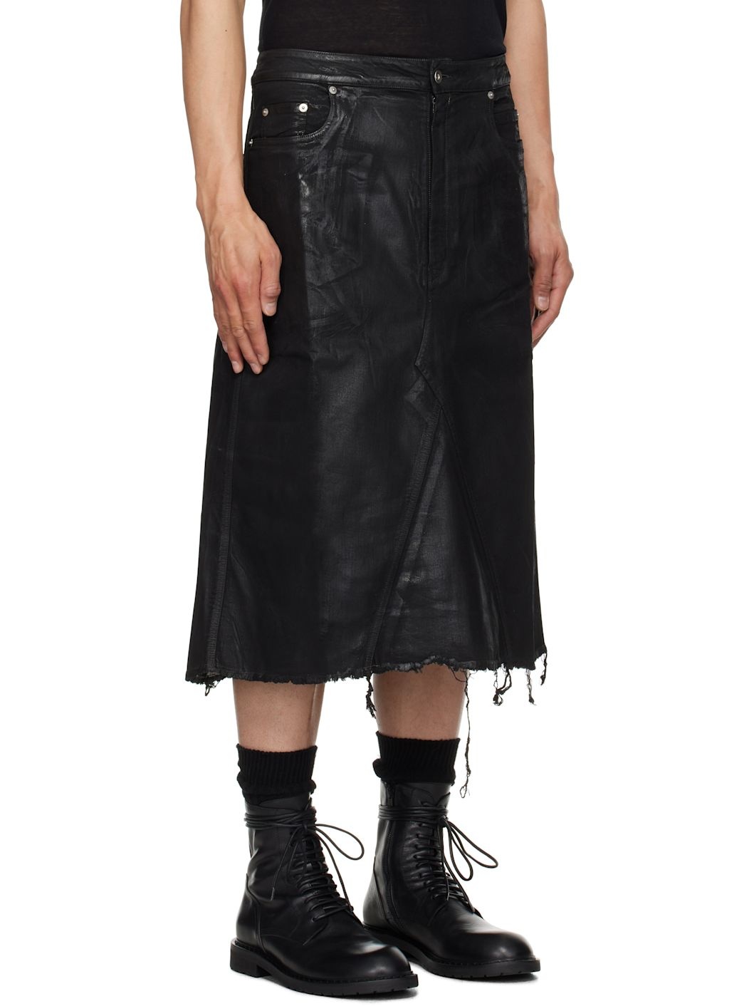 Black Hollywood Godet Denim Midi Skirt - 2