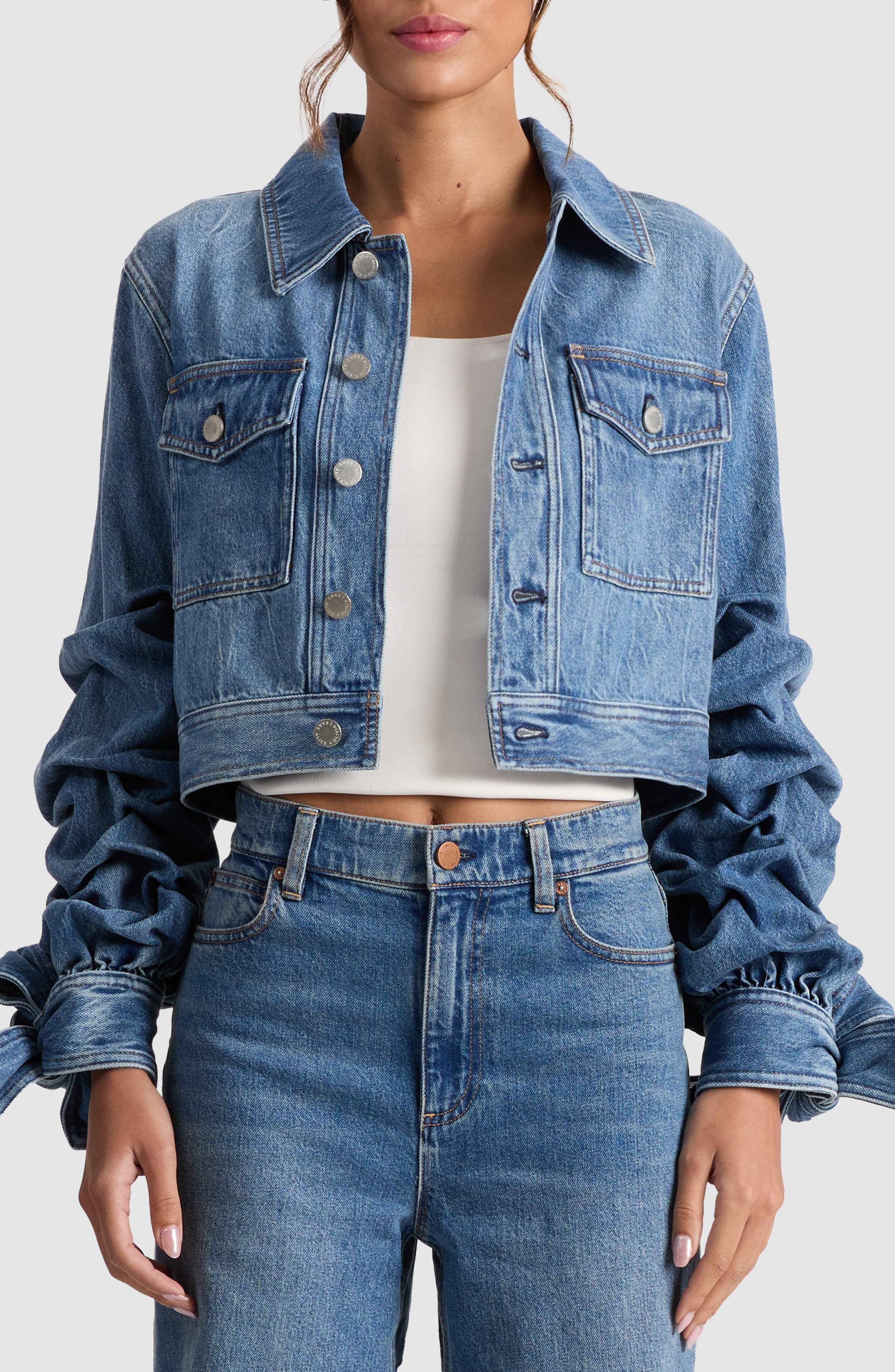 Alice + Olivia Tiff Bow Cuff Crop Denim Jacket in Ami Blue at Nordstrom - 1