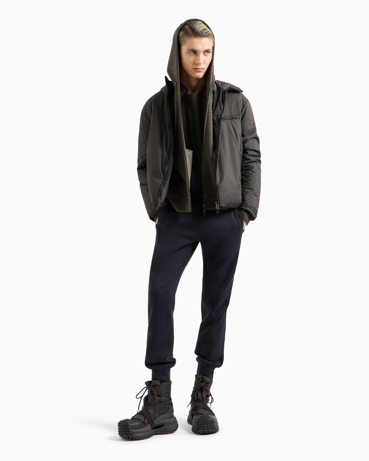 Lightweight nylon, hooded zip-up blouson with all-over jacquard lettering - 4