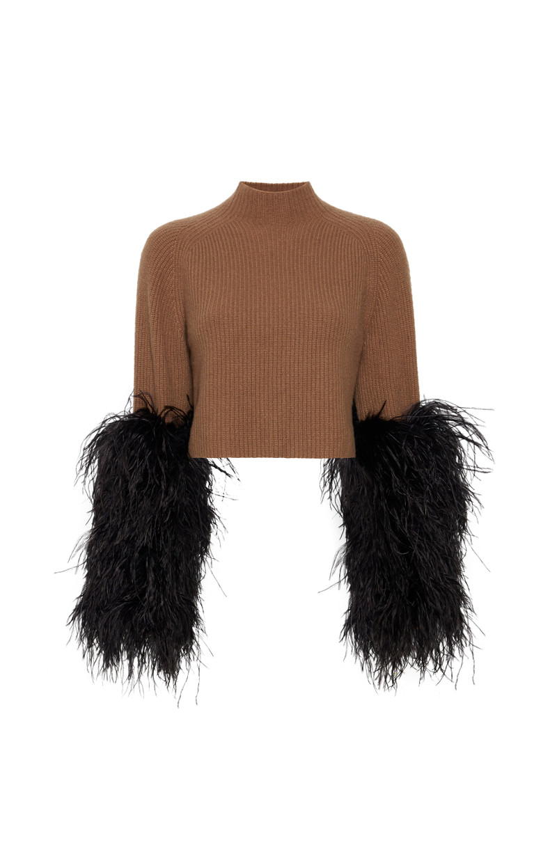 Cashmere Silk Cropped Raglan Sweater With Feathers 1