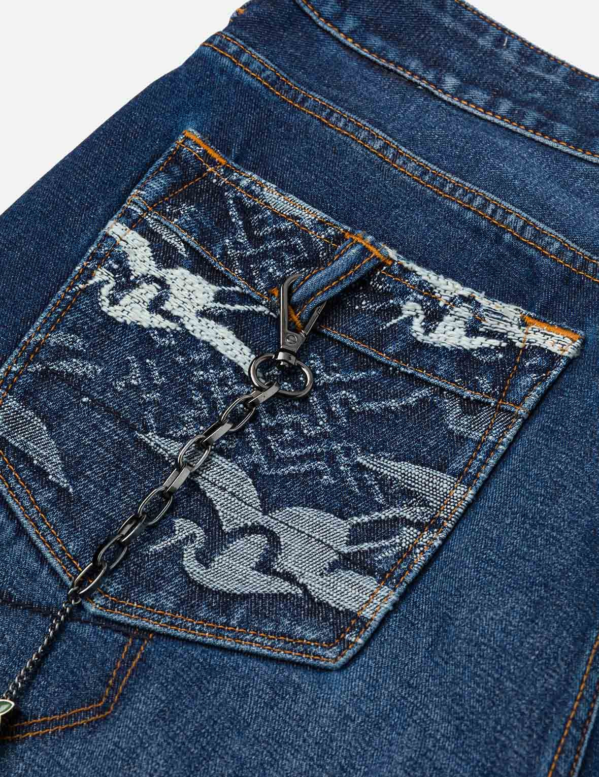 Multi-pocket and Seagull Crane Print Loose Fit Washed Denim Joggers - 3