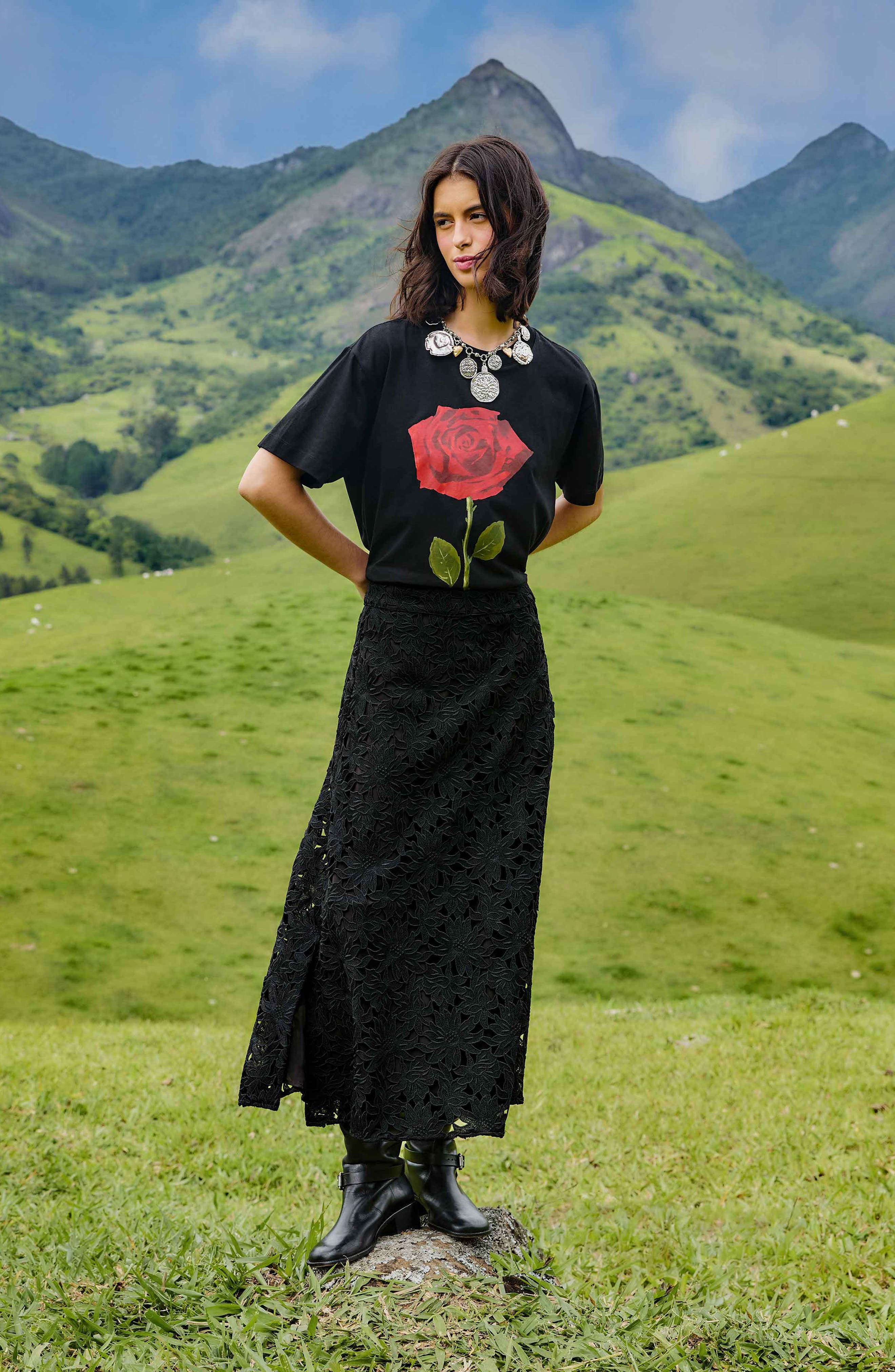 FARM Rio Floral Lace Midi Skirt in Black at Nordstrom - 2