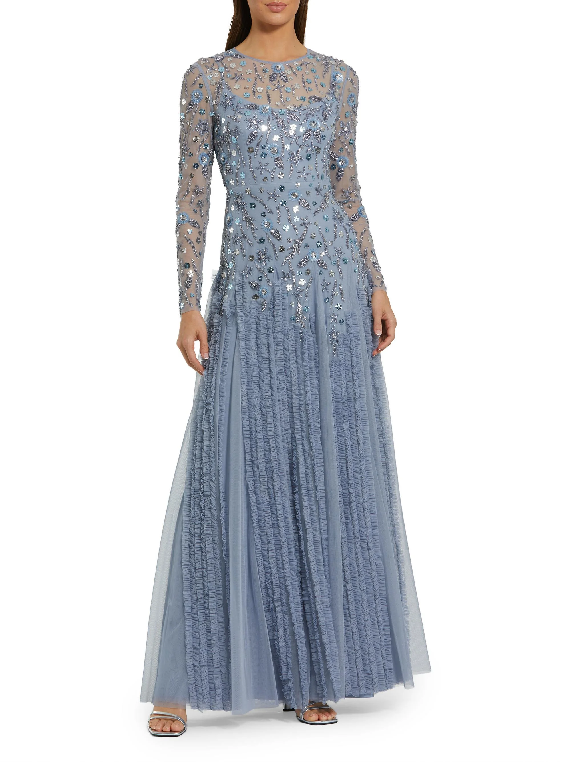 Women's Evening Beaded Mesh Gown - Slate Blue - 1