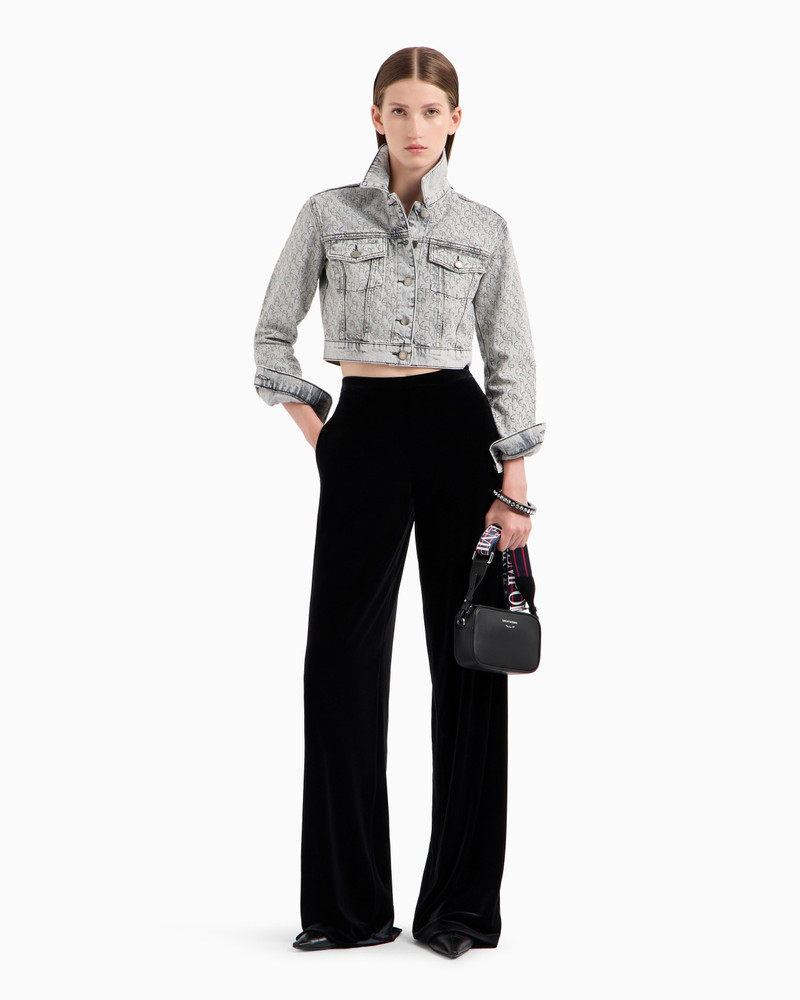 EMPORIO ARMANI Cropped 12.5 oz denim jacket with all-over rhinestone logo outlook