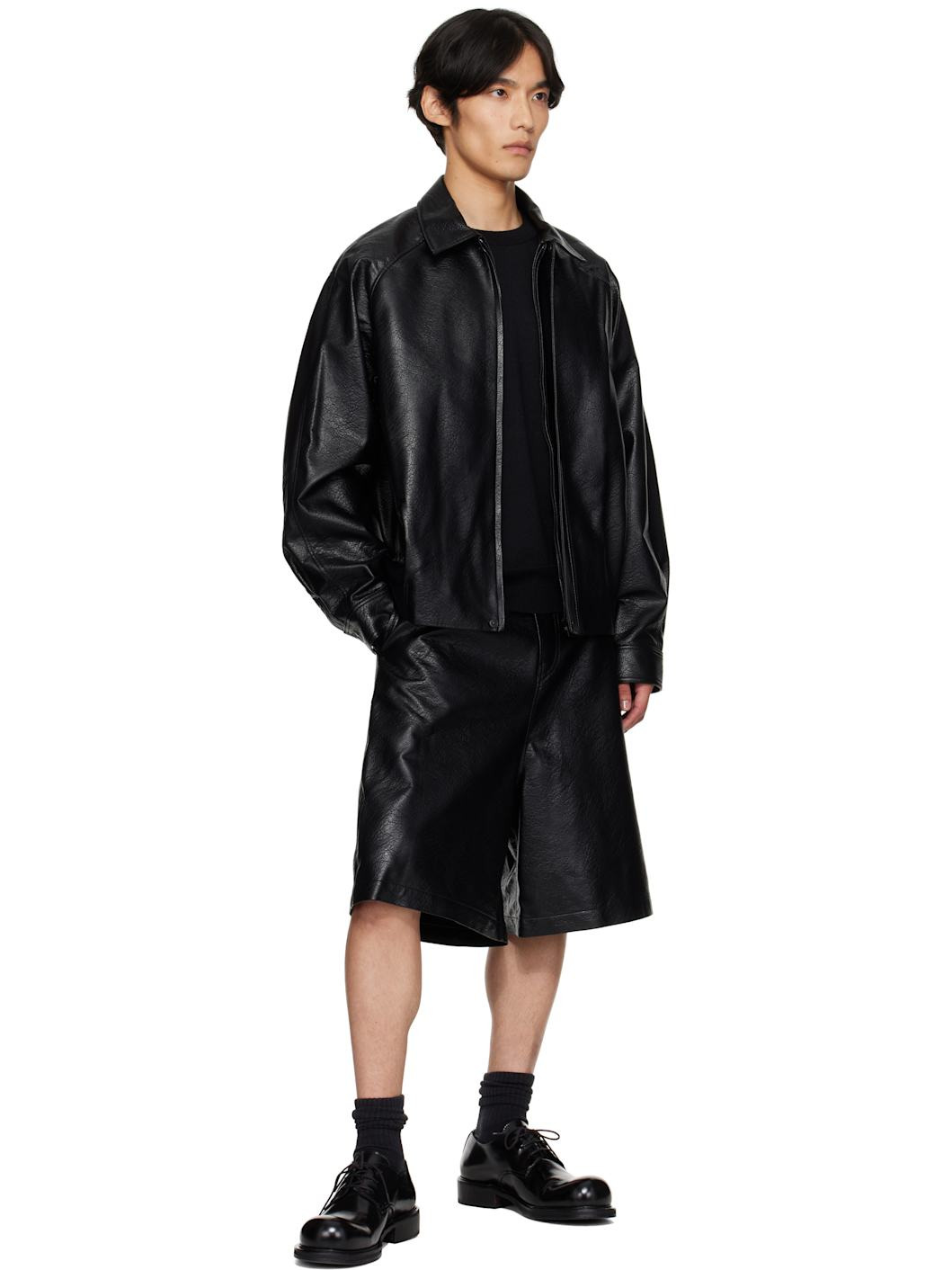 Black Grained Faux-Leather Jacket - 4