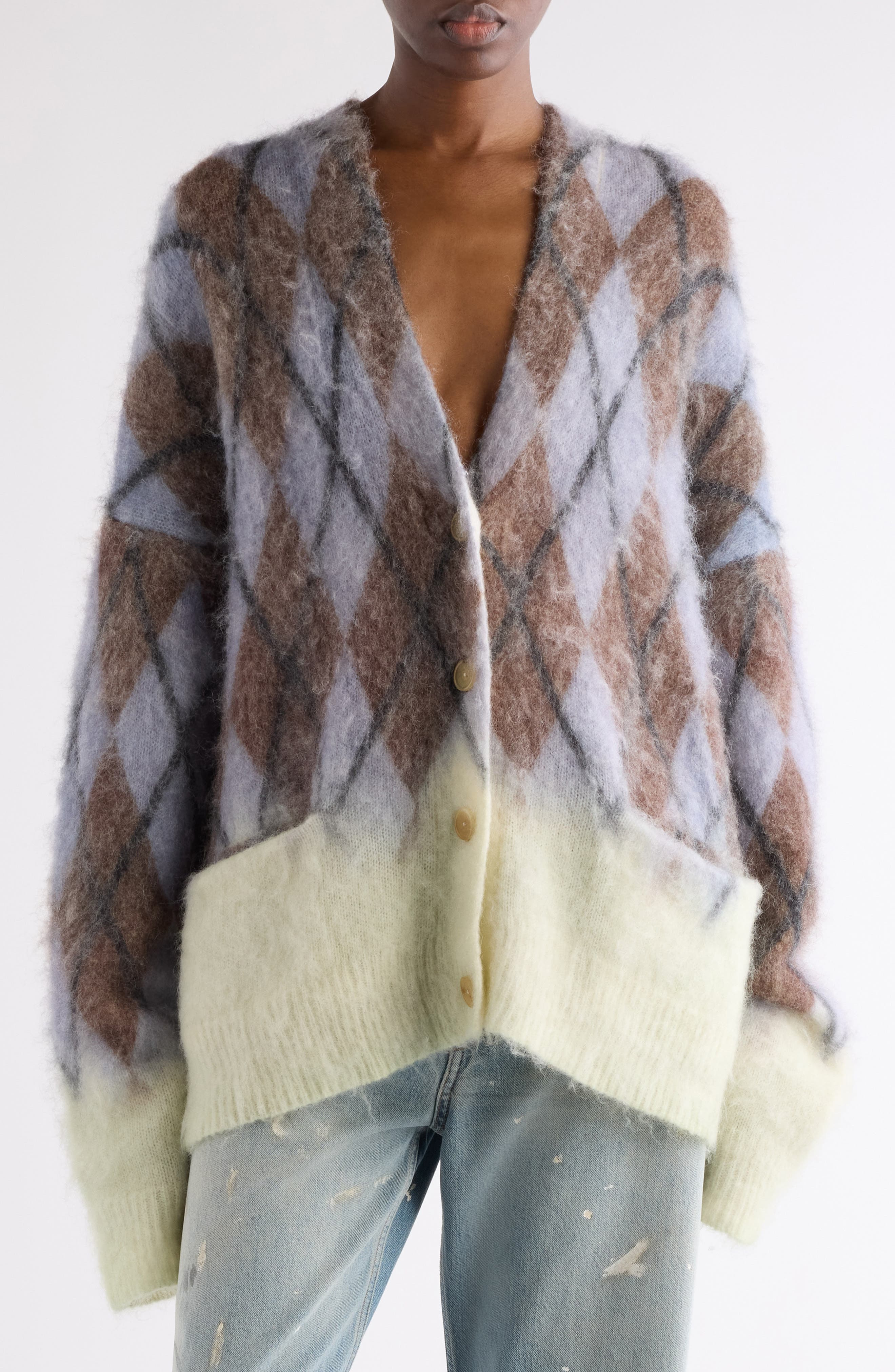 Acne Studios Katcher Argyle Mohair & Wool Blend Cardigan in Grey/Brown at Nordstrom - 1