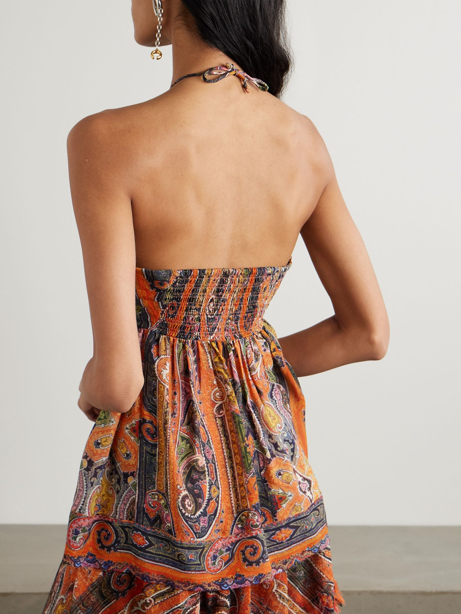 Yickia tiered printed silk-voile halterneck top Orange - 3