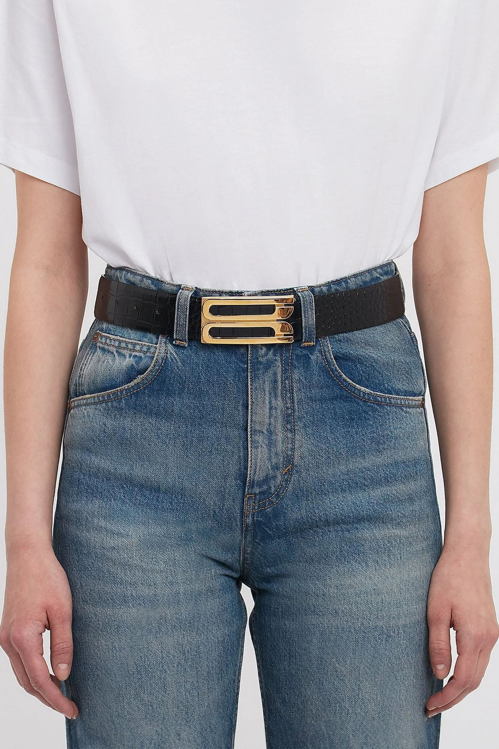 Jumbo Frame Belt In Black Croc Embossed Calf Leather - 2