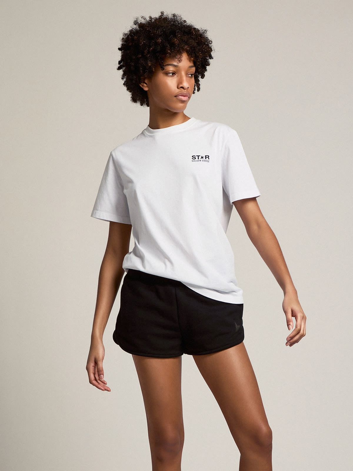 Women's white T-shirt with contrasting black logo and star - 4