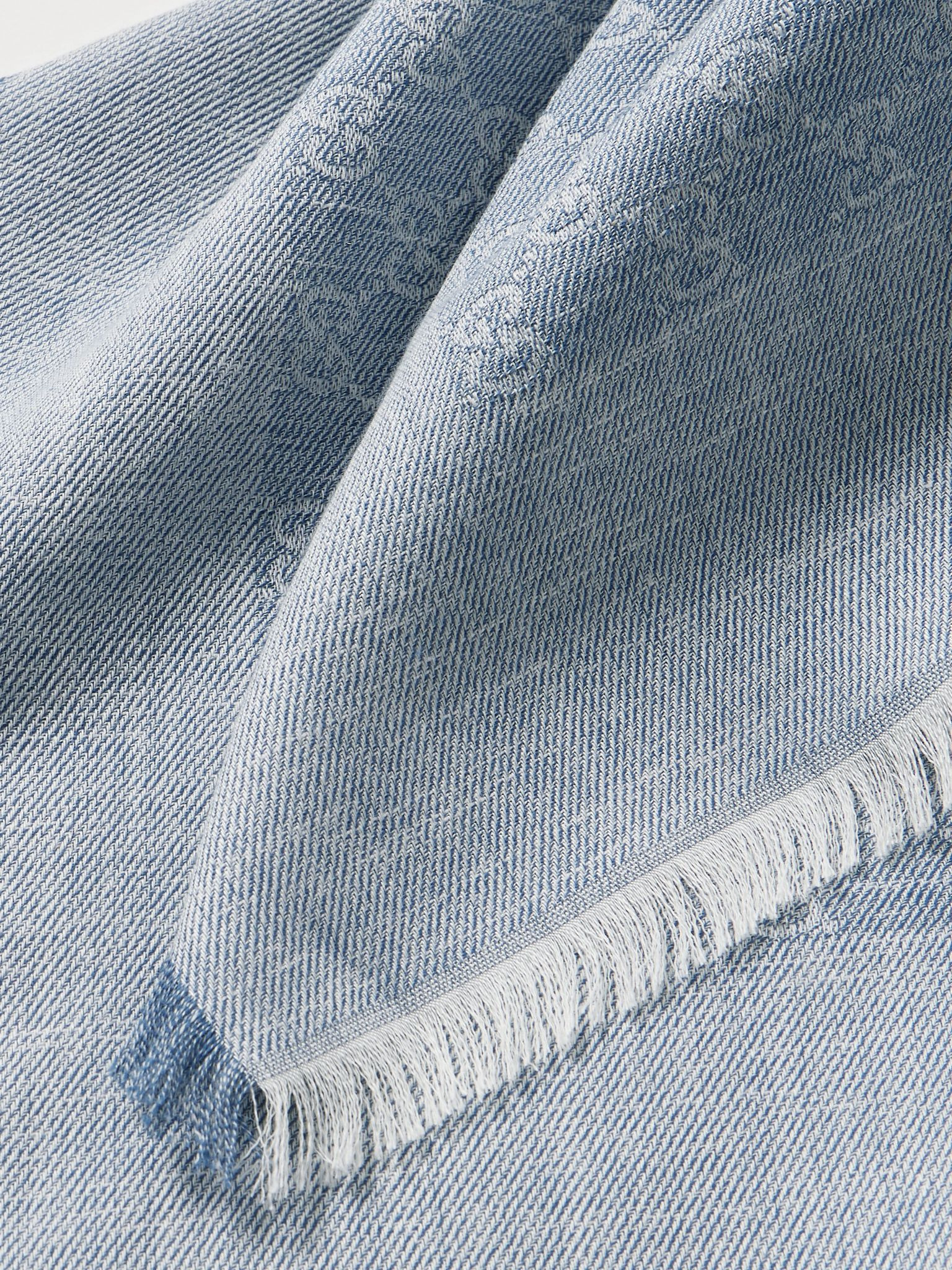 Frayed cotton, wool and silk-blend jacquard scarf Blue - 3