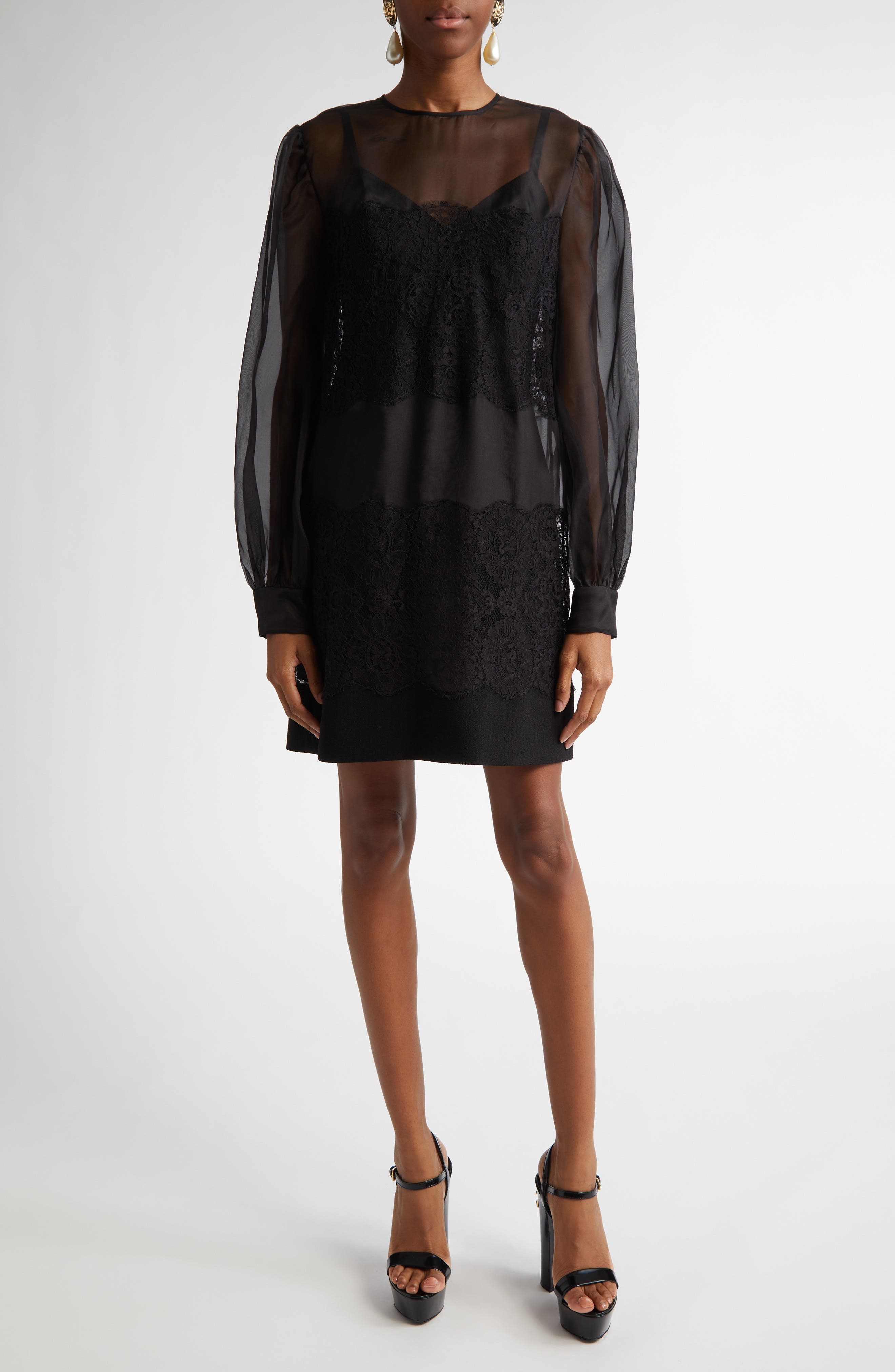 Dolce&Gabbana Lace Paneled Long Sleeve Sheer Silk Blend Organza Dress in N0000 Nero at Nordstrom - 1