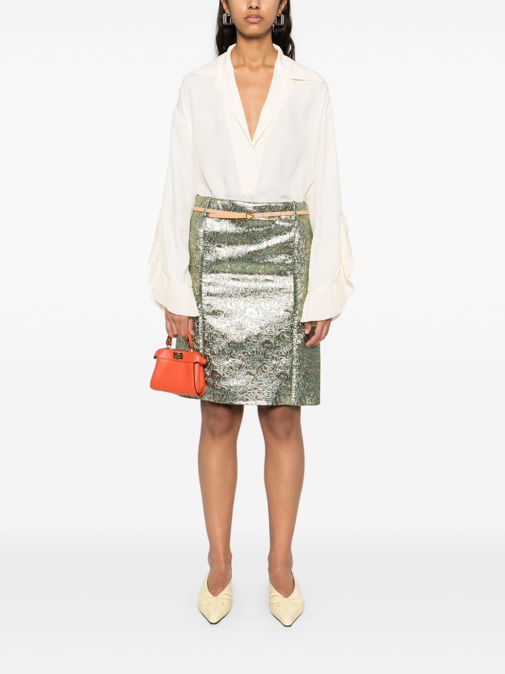 metallic-flower-print midi skirt - 2