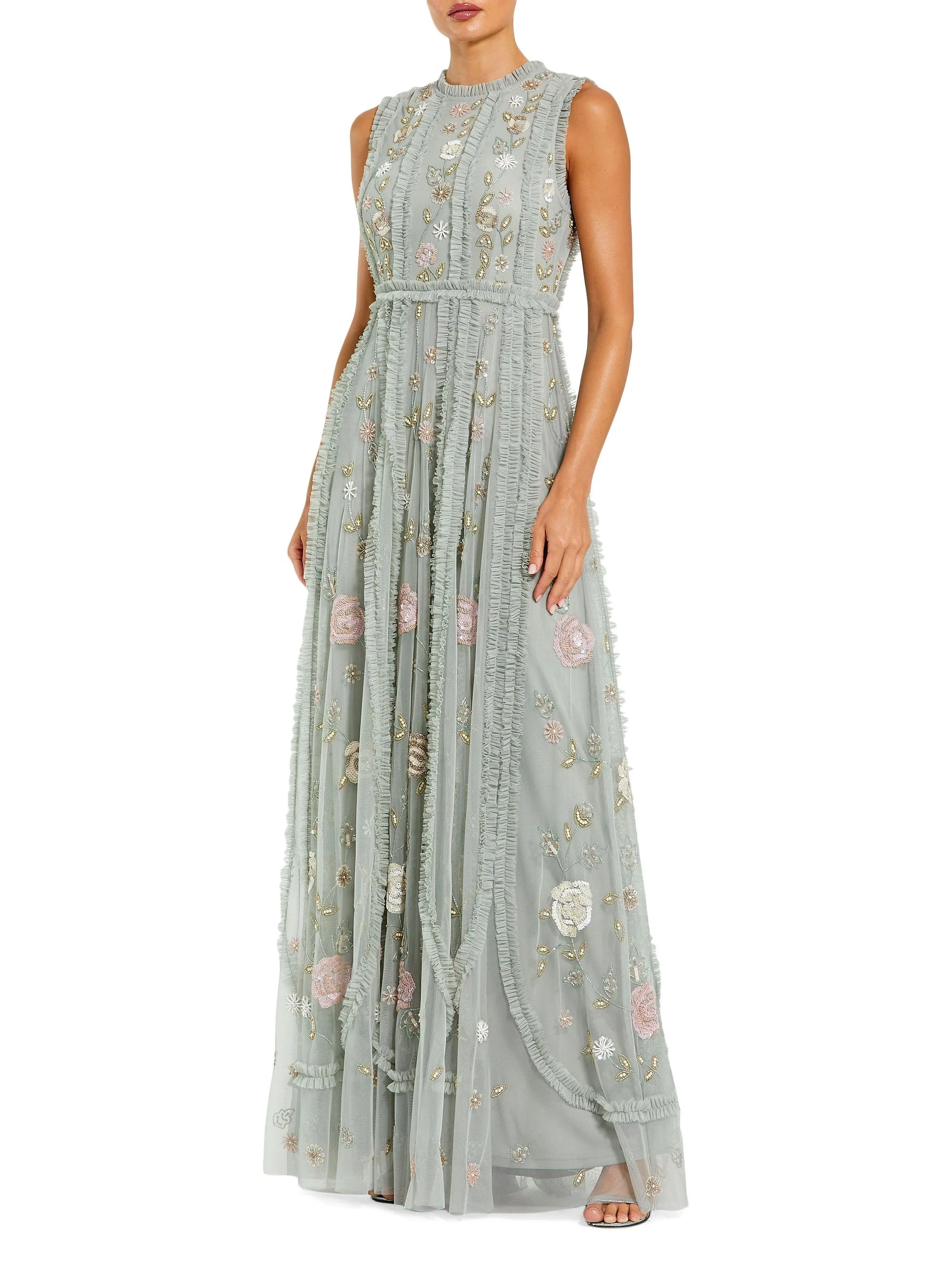 Women's Evening Embellished Ruffled Mesh A-Line Gown - Sage Multi - 1