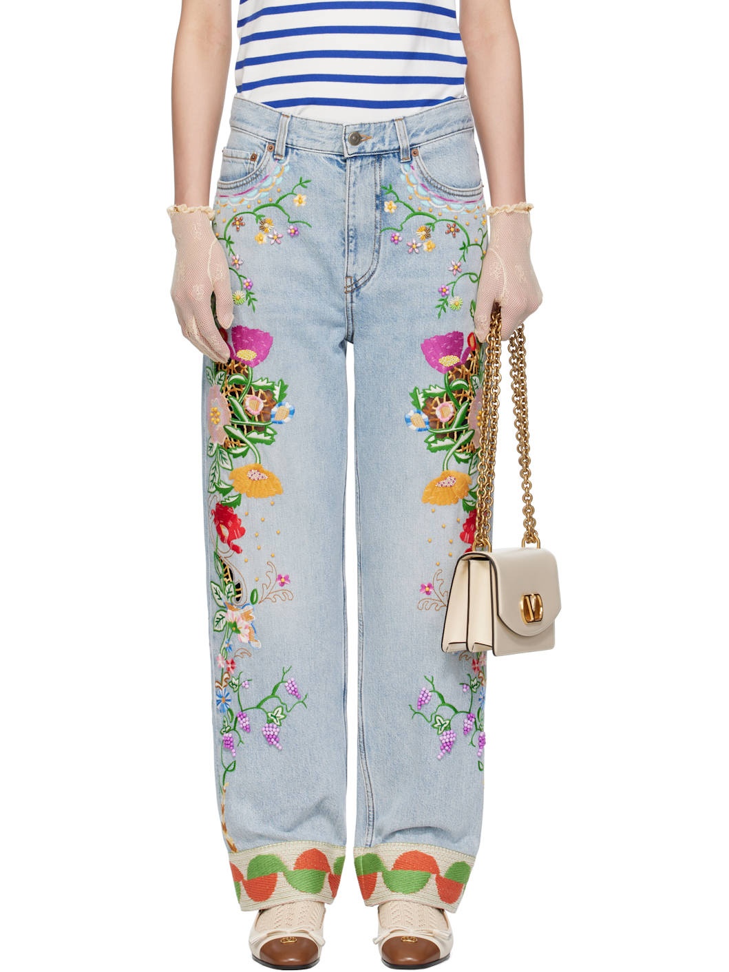 Blue Embroidered Jeans - 1