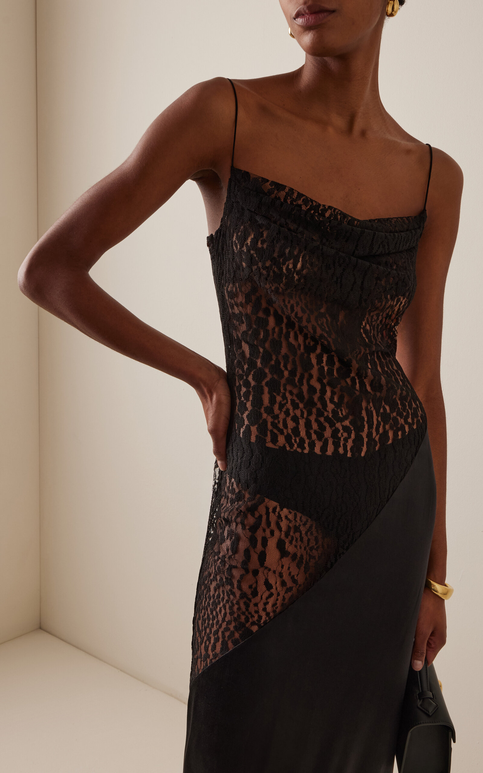 Lace-Trimmed Silk-Blend Crepe Maxi Dress black - 3