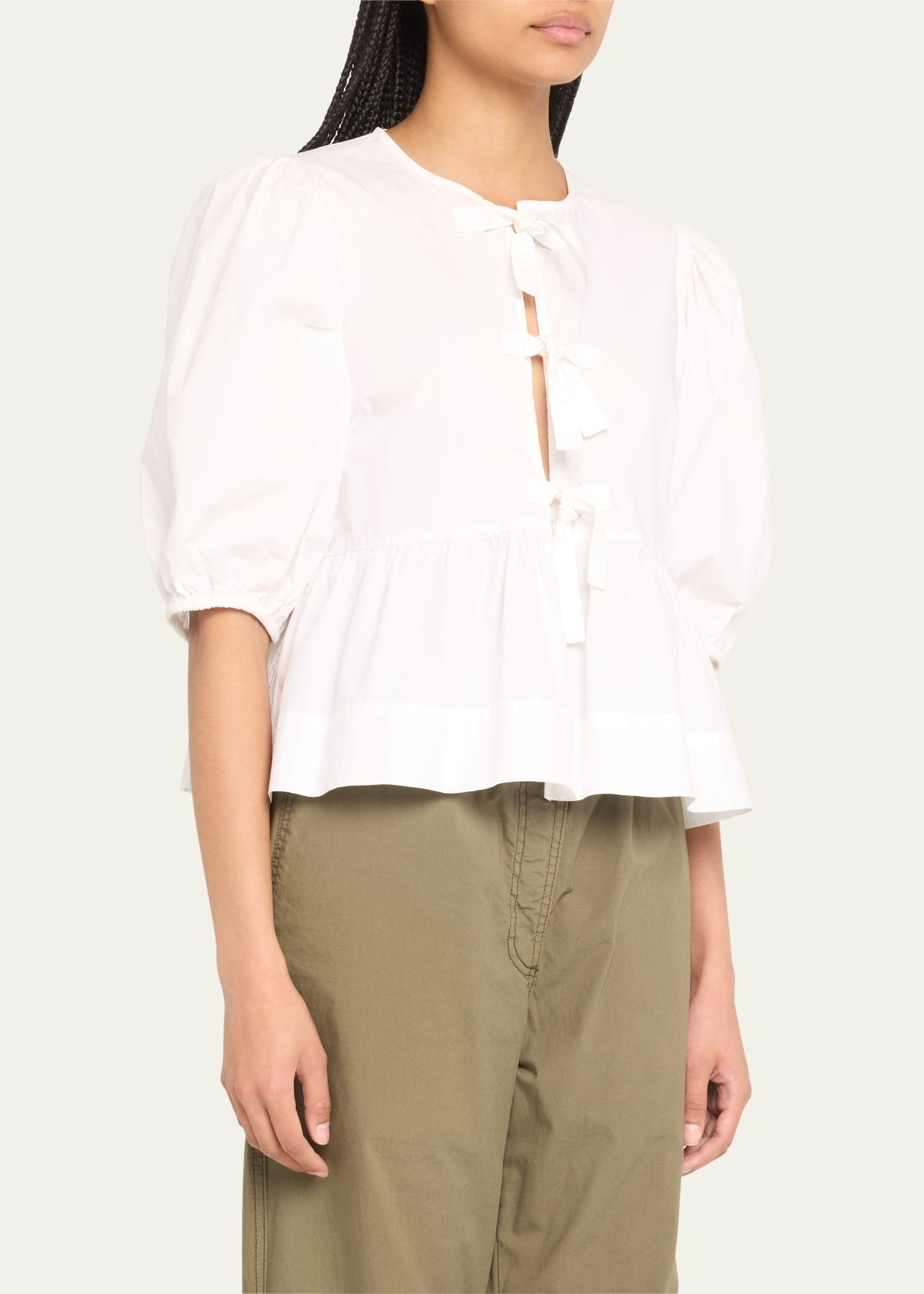 Poplin Front-Tie Peplum Blouse with Puffed-Sleeves - 3