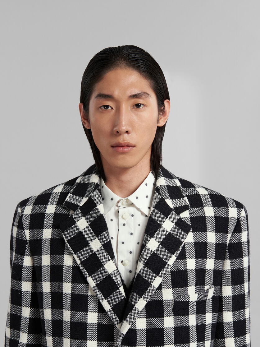 BLACK CHECKED WOOL COAT - 4