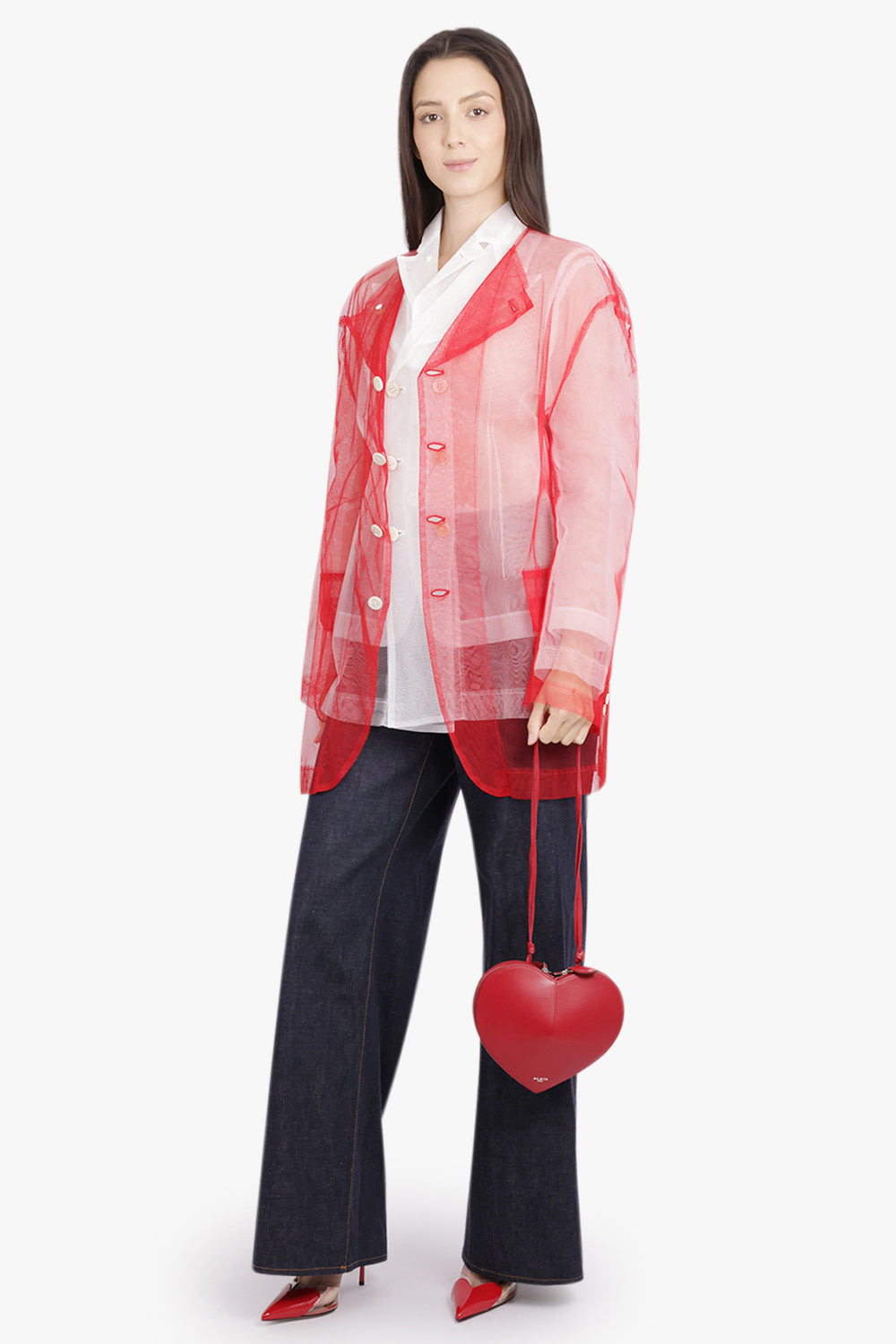 LAYERED SINGLE BREASTED TULLE X ORGANZA JACKET | RED/WHITE - 2